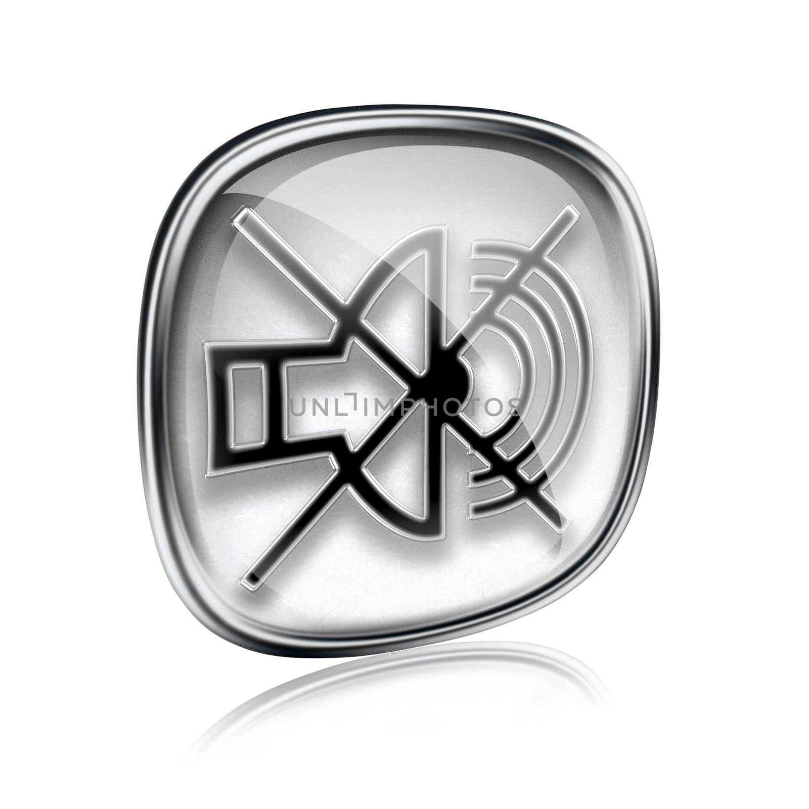 speaker off icon grey glass, isolated on white background.