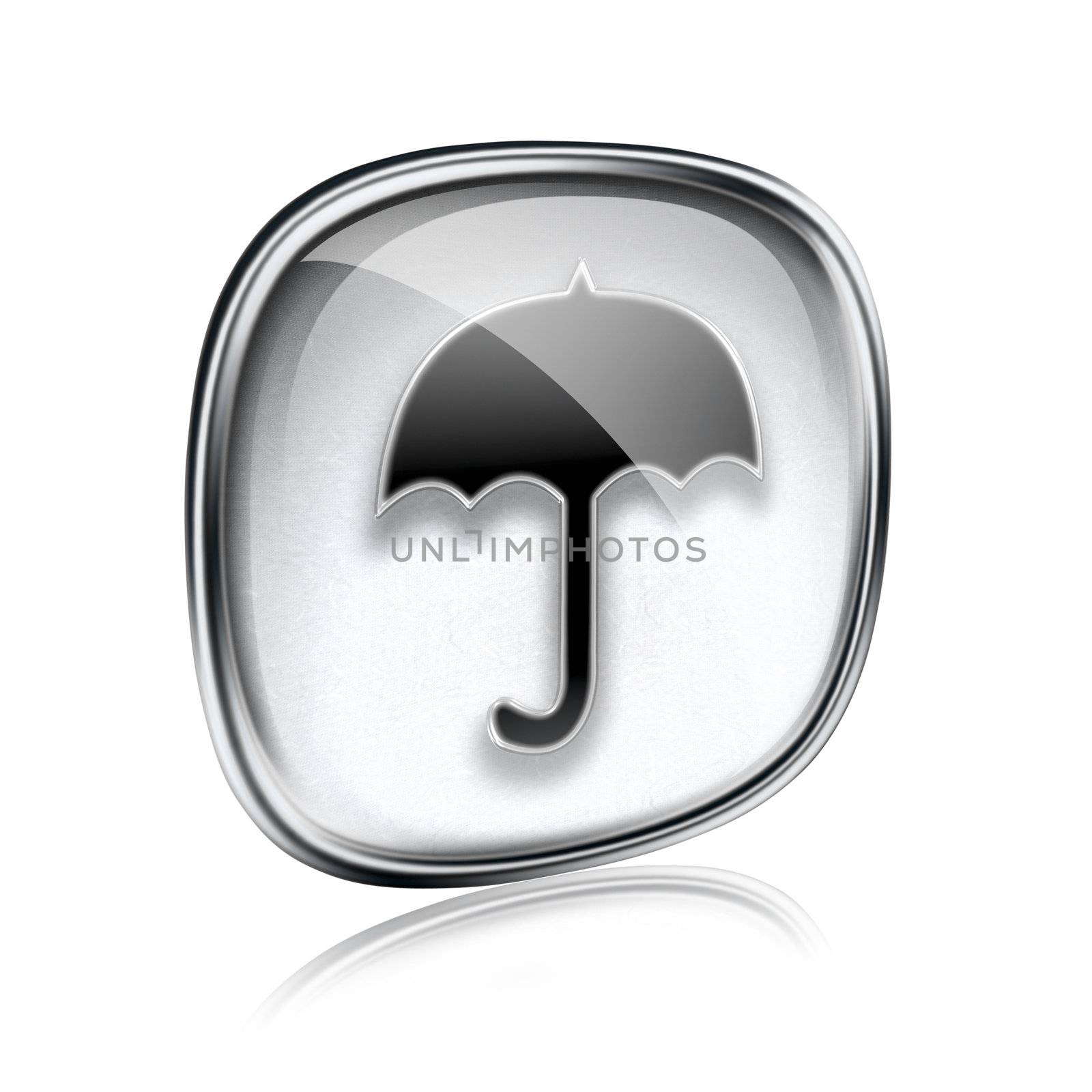 Umbrella icon grey glass, isolated on white background