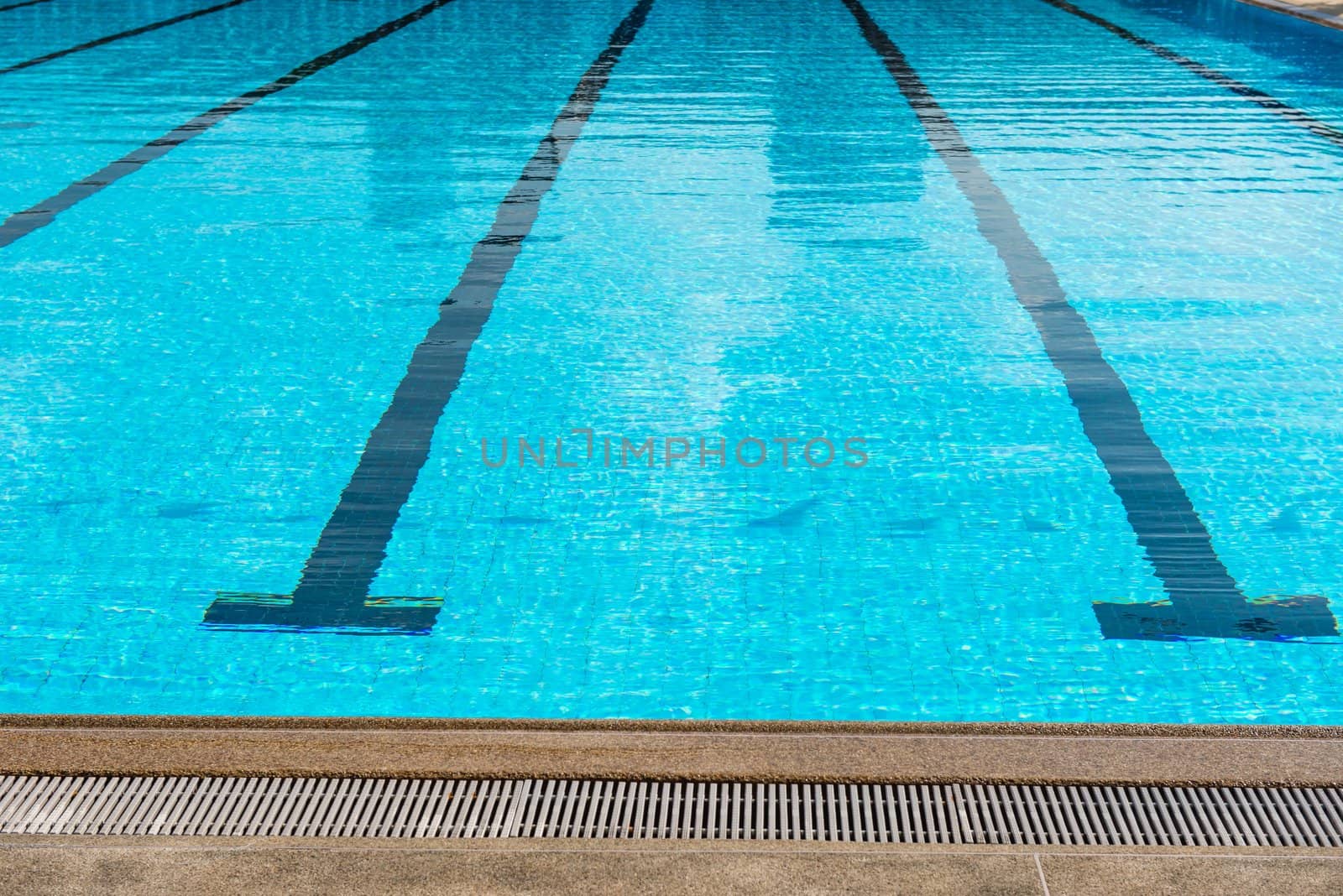 Large olympic size swimming pool with racing lanes, taken on a sunny day