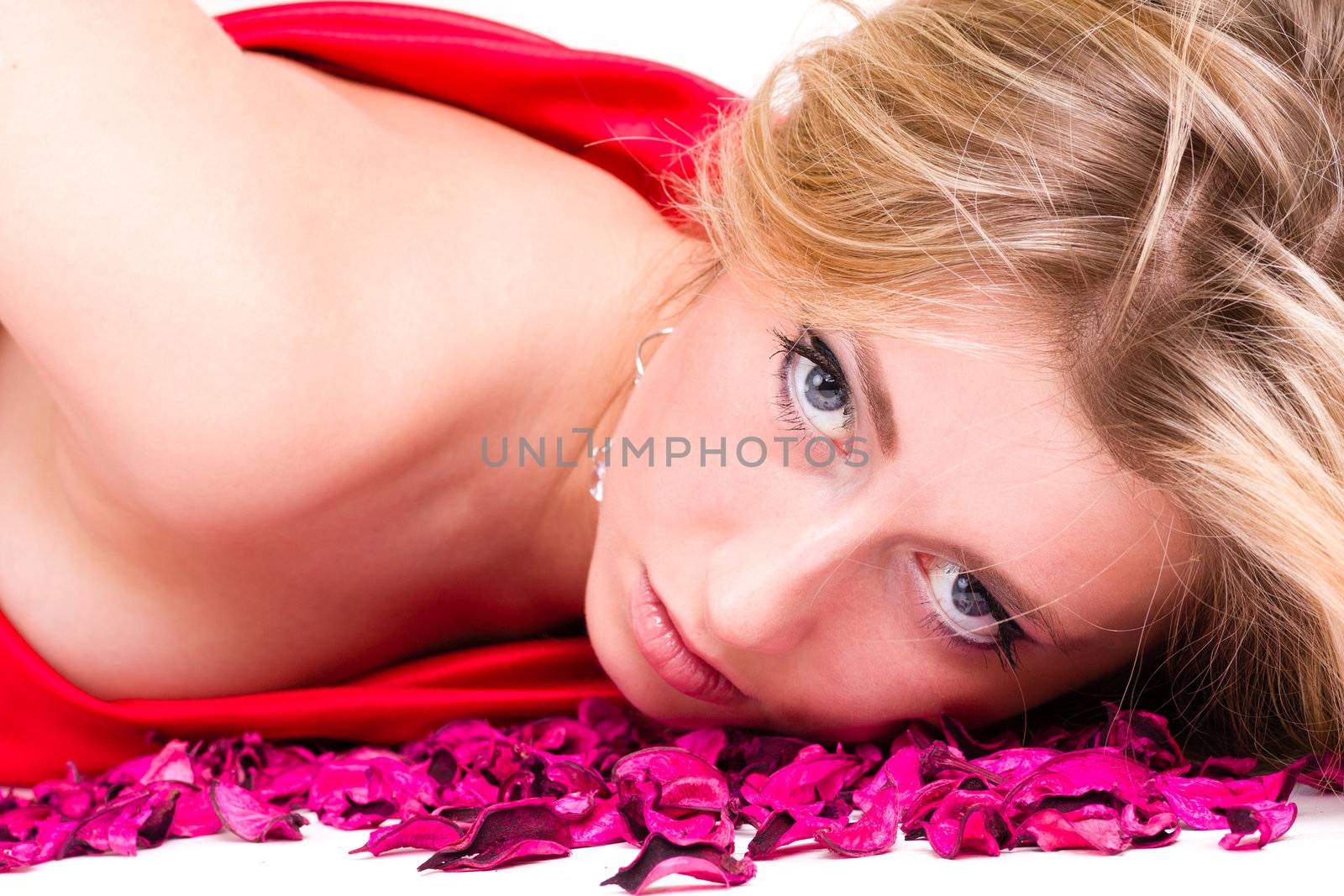 shot of sexy woman in red dress with rose petals, isolated on white background