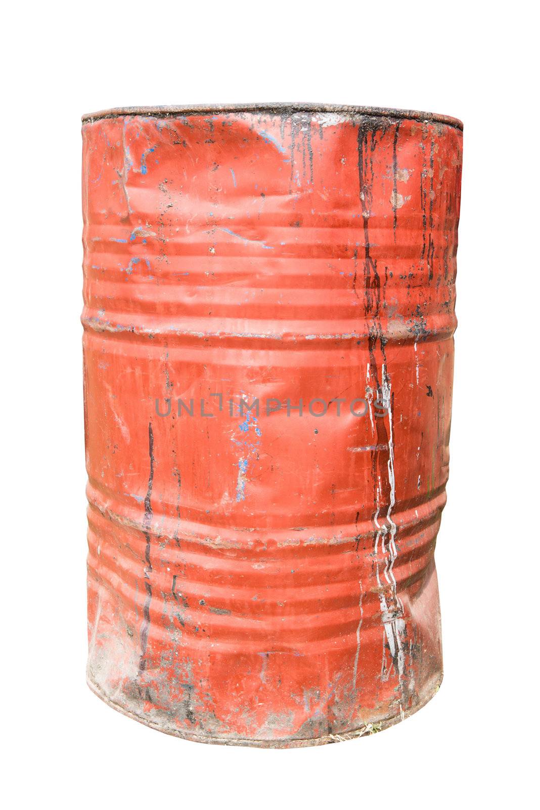 Red dirty rusty and damaged oil drum by sasilsolutions