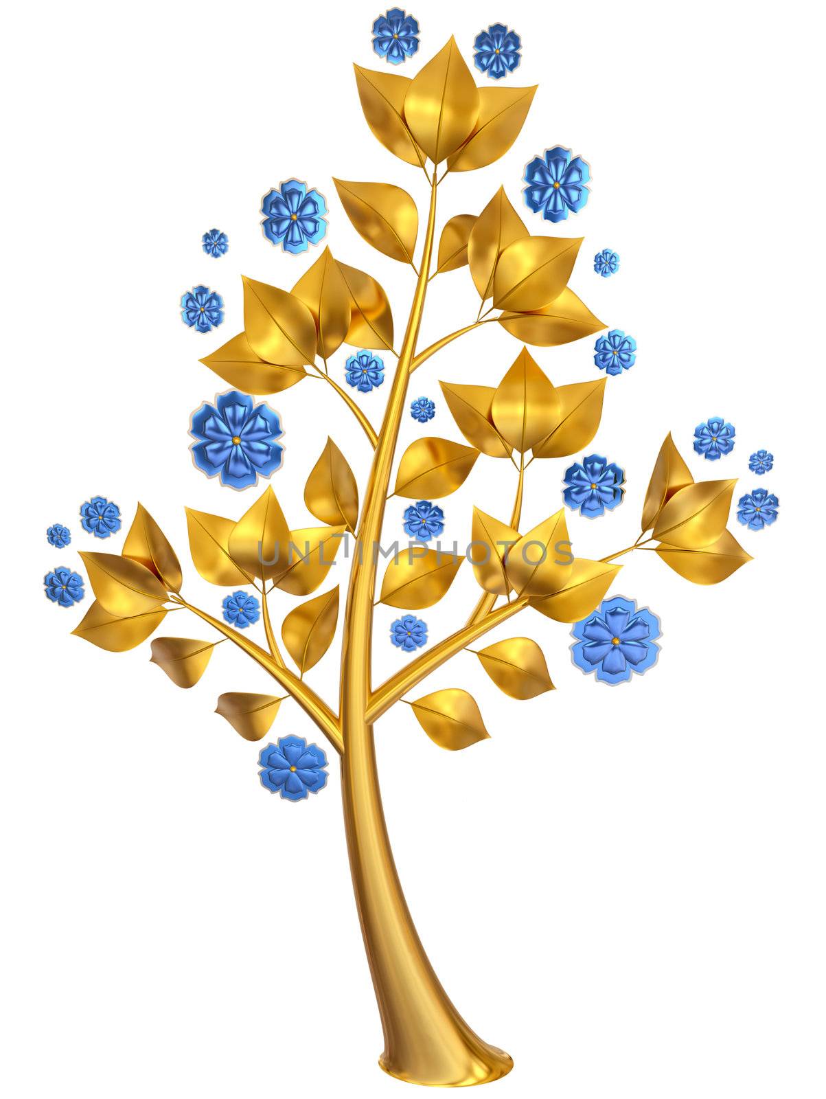 Beautiful golden tree with expensive blue flowers as jewelry