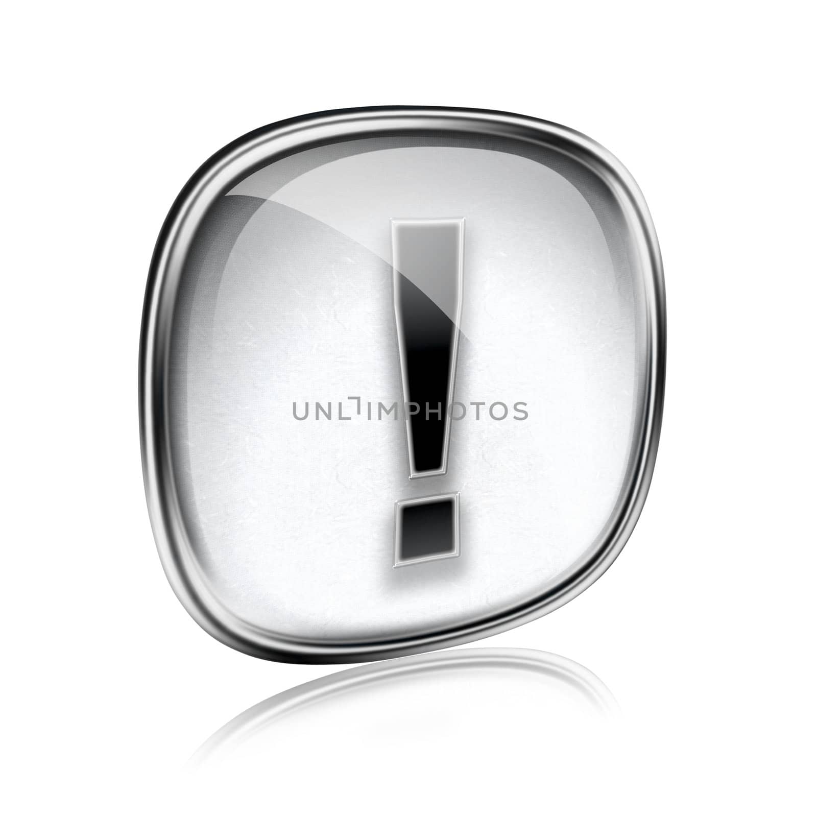 Exclamation symbol icon grey glass, isolated on white background