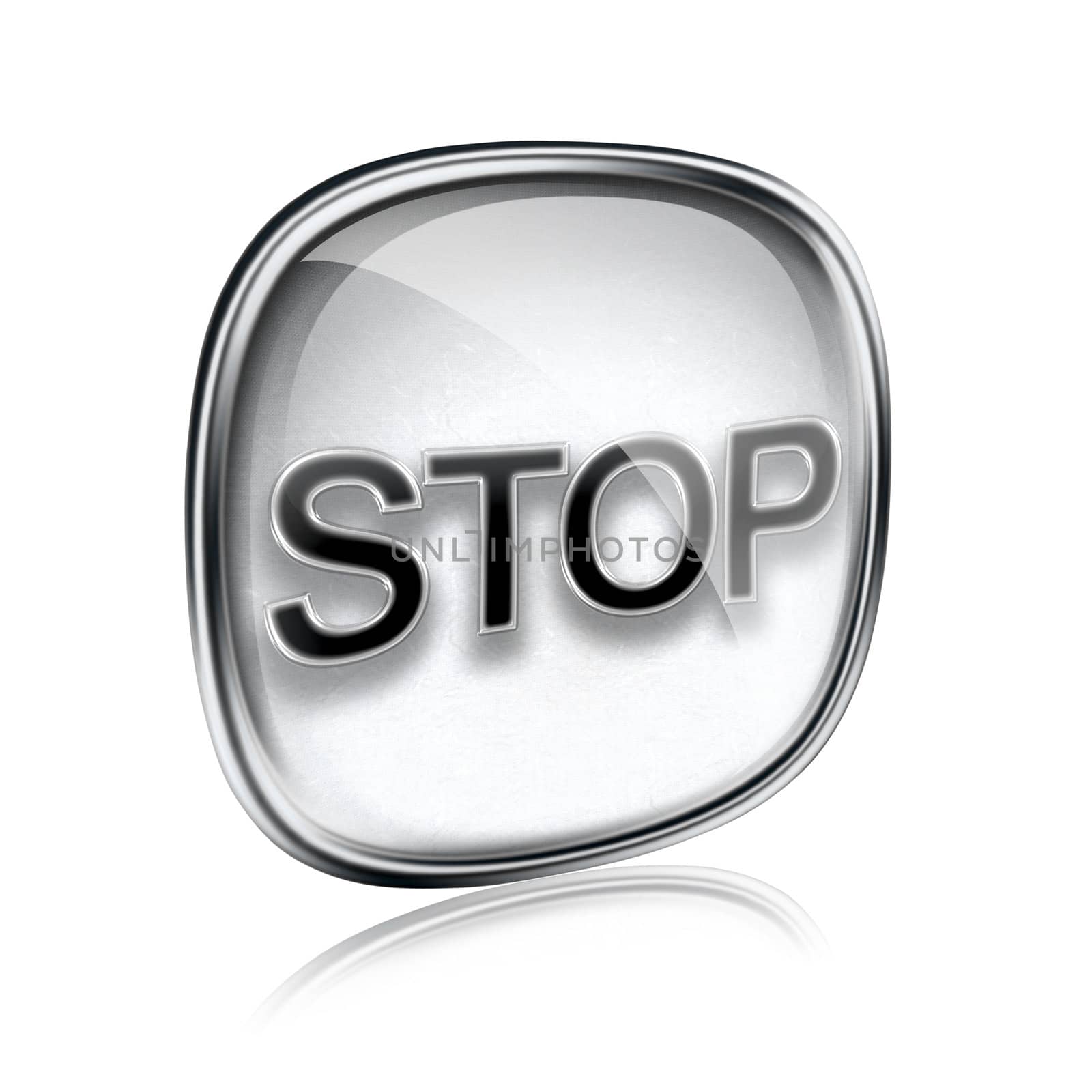 Stop icon grey glass, isolated on white background