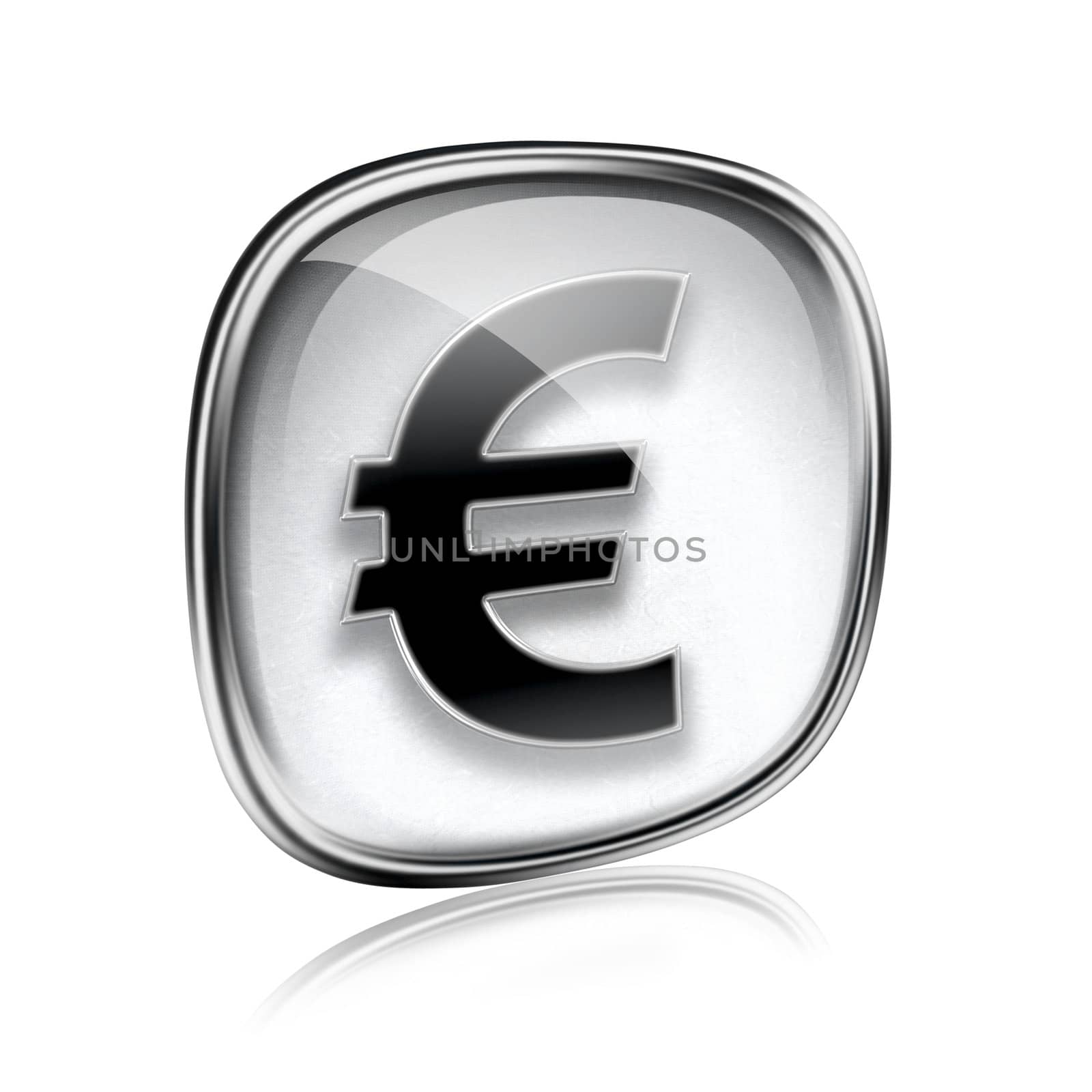 Euro icon grey glass, isolated on white background