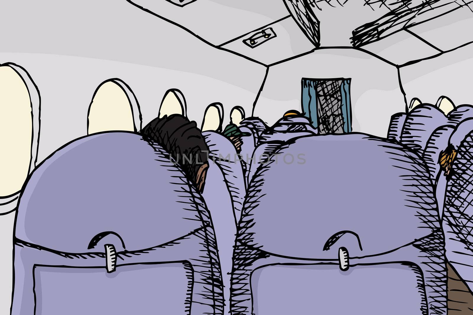 Airplane interior cartoon from back seat view