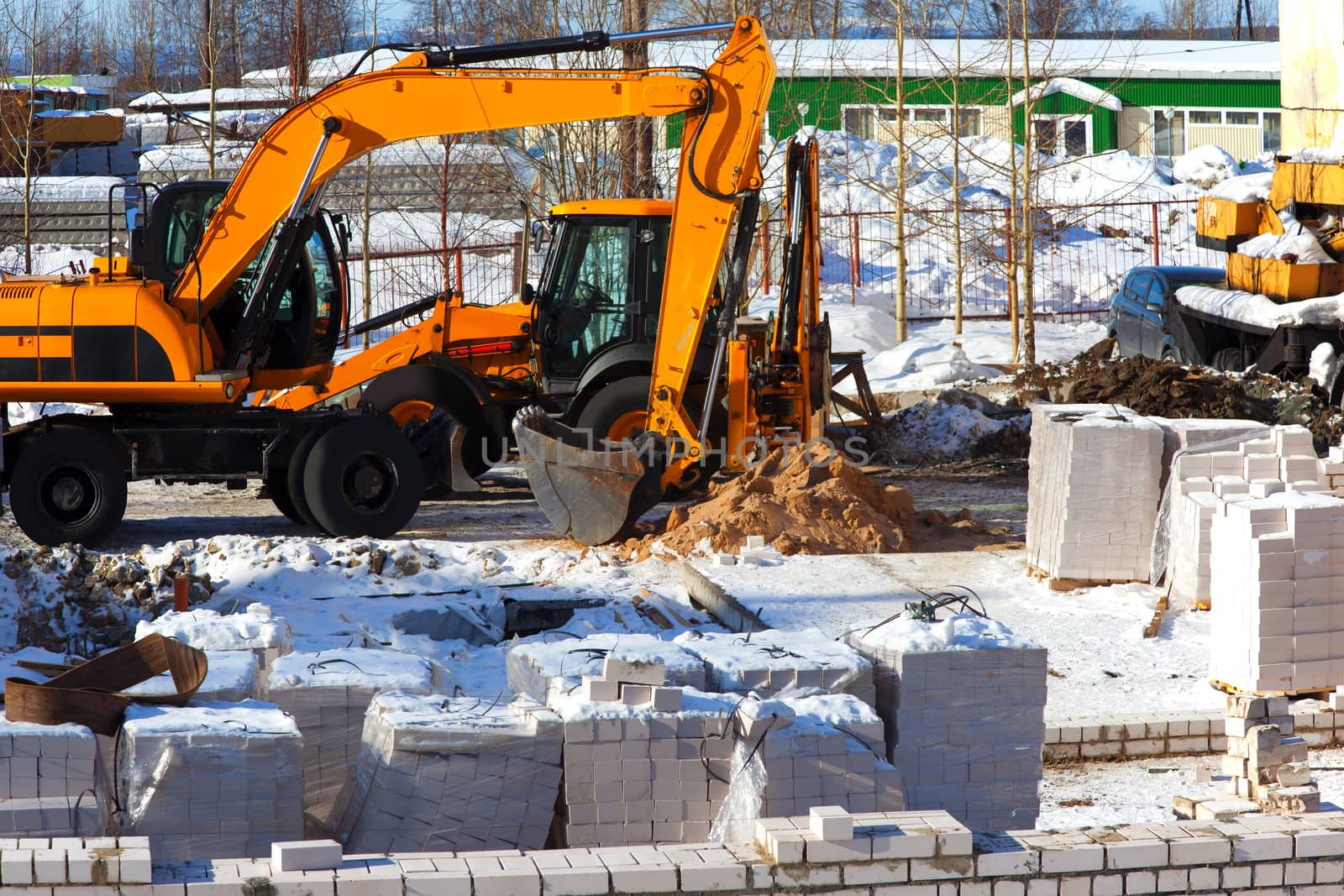 Construction of a brick house. Initial work. basement. Building materials.