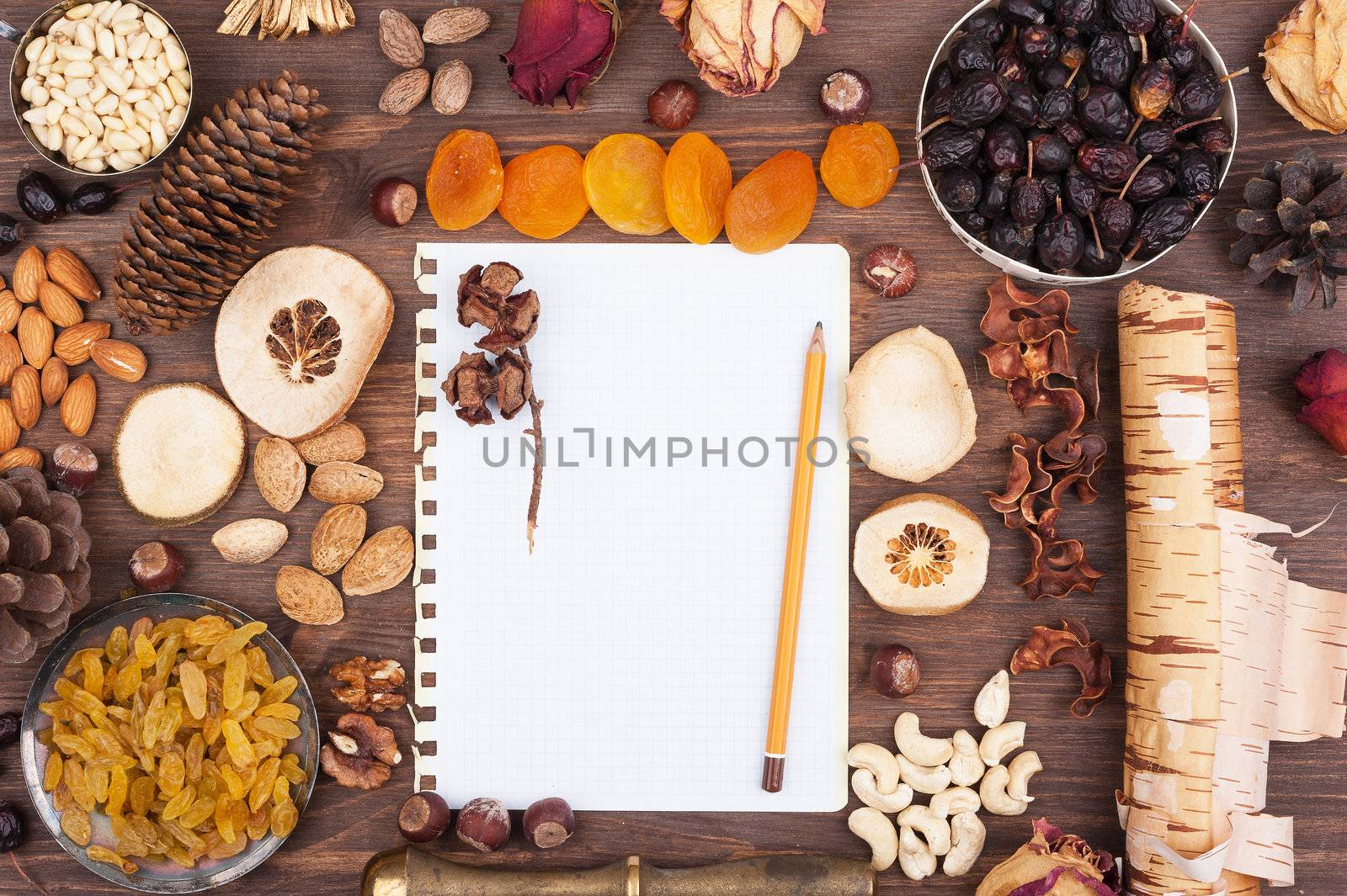 White sheet of paper with a pencil in an environment of nuts and fruits