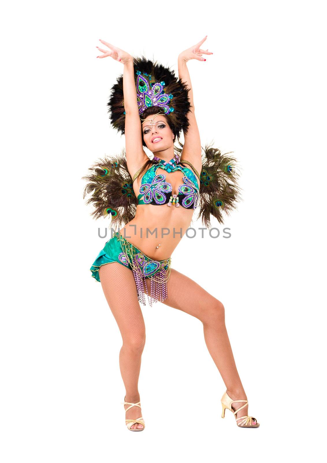 Beautiful carnival dancer woman full length studio portrait isolated on white