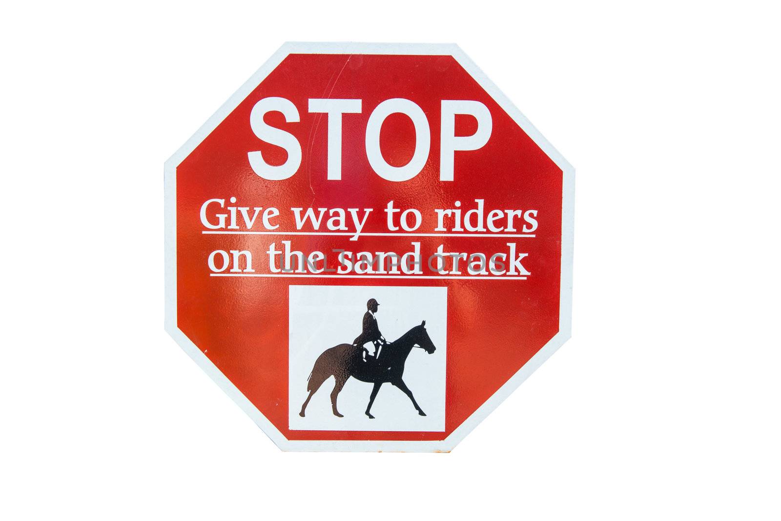 Metalic stop sign and symbol to let the horse rider pass by, isolated in white