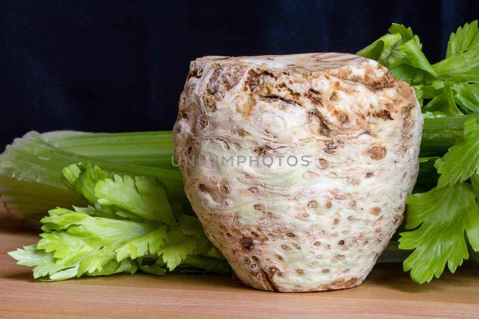 Fresh celery root with it's leafs on wooden table