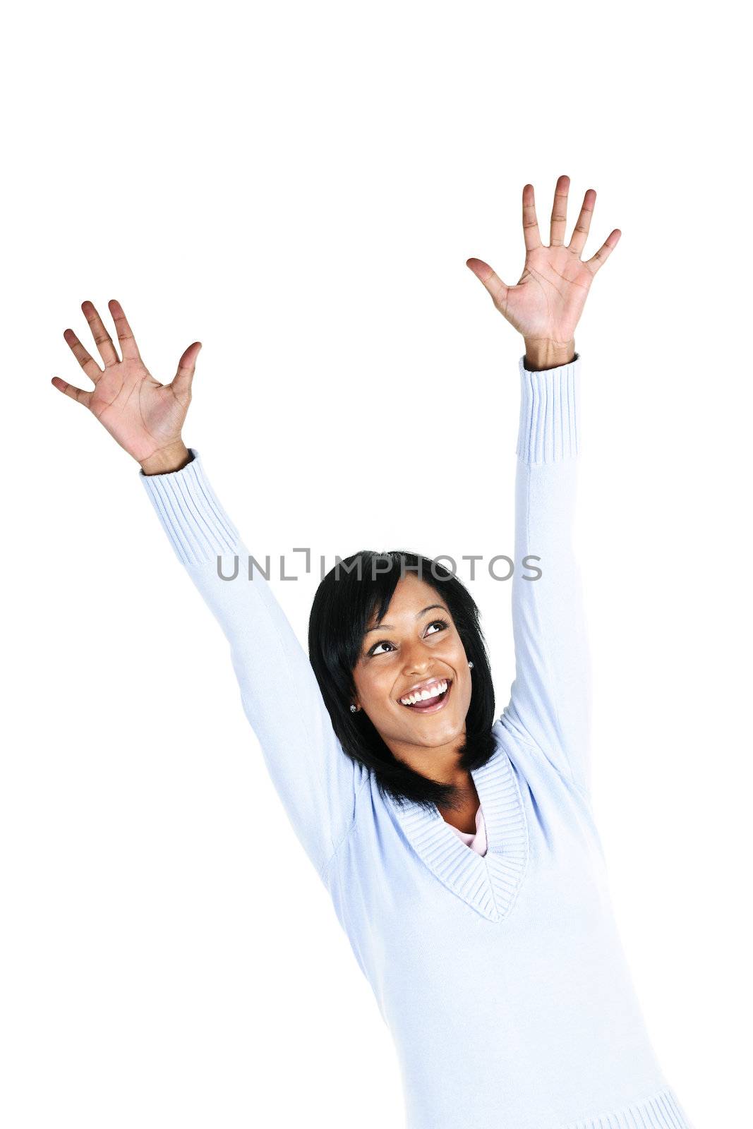 Happy black woman celebrating isolated on white background