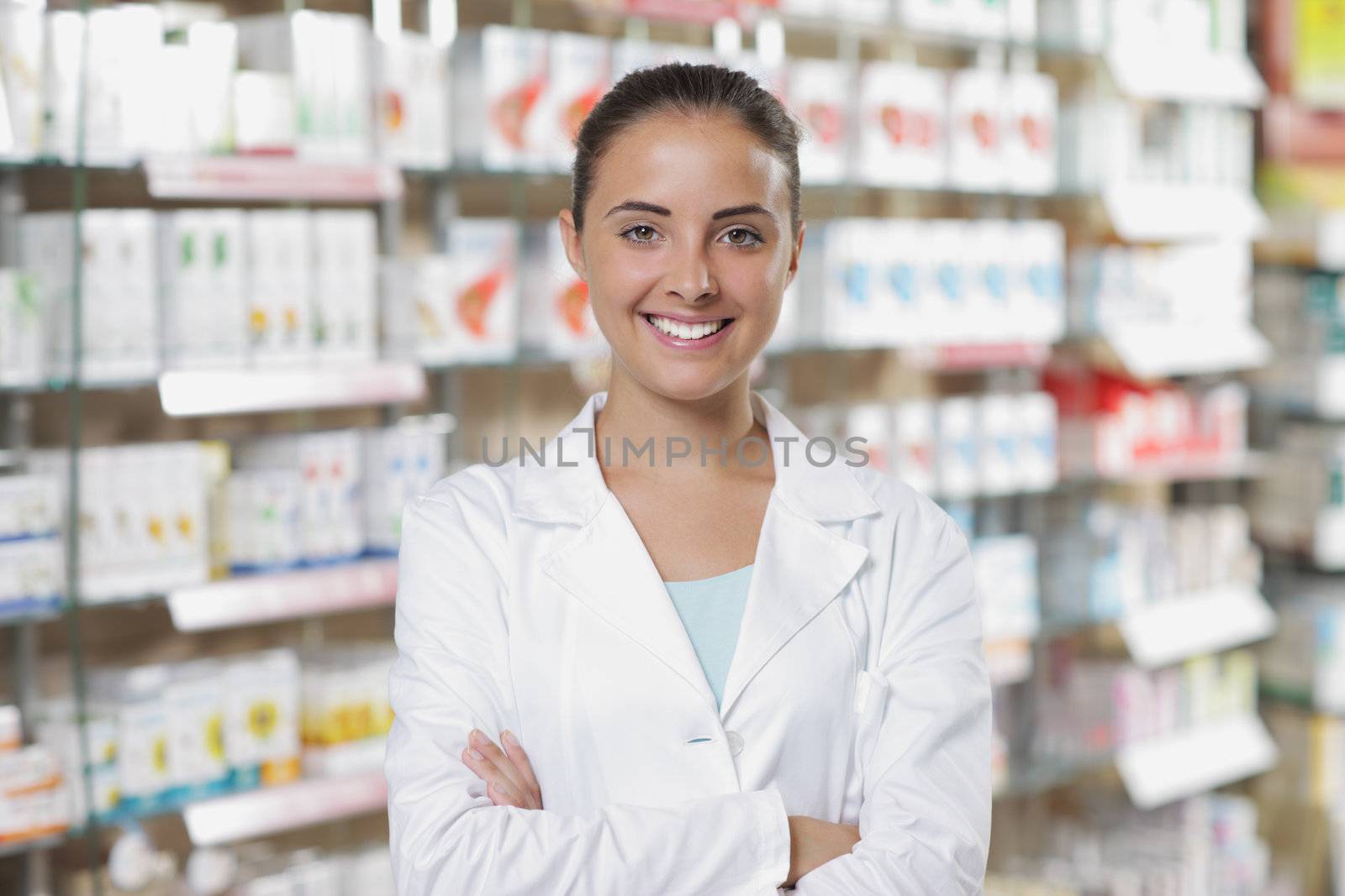 Environmental Portrait of a medical personnel, or doctor in pharmacy