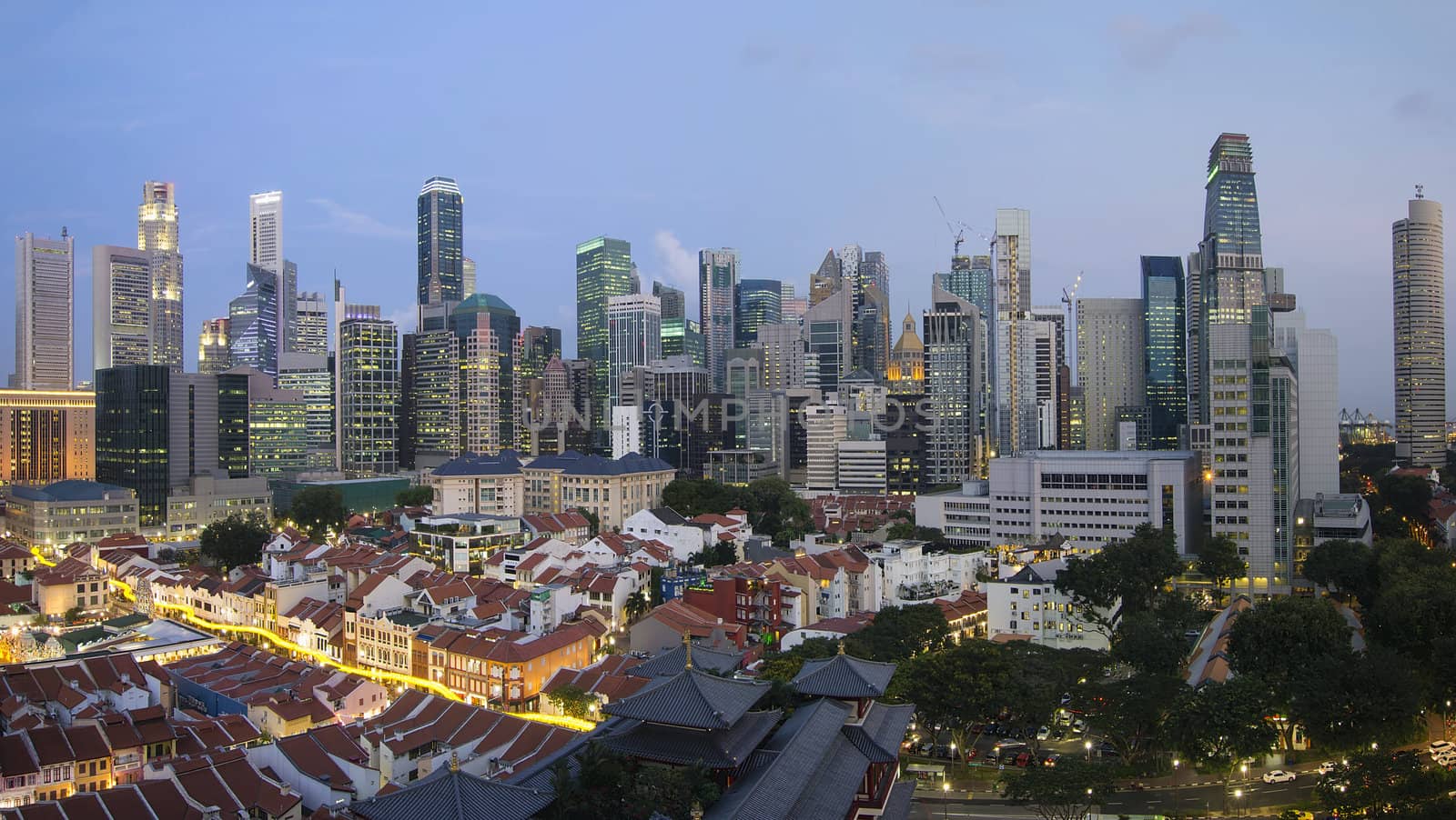 Singapore City Skyline And Chinatown Area at Blue Hour Panorama