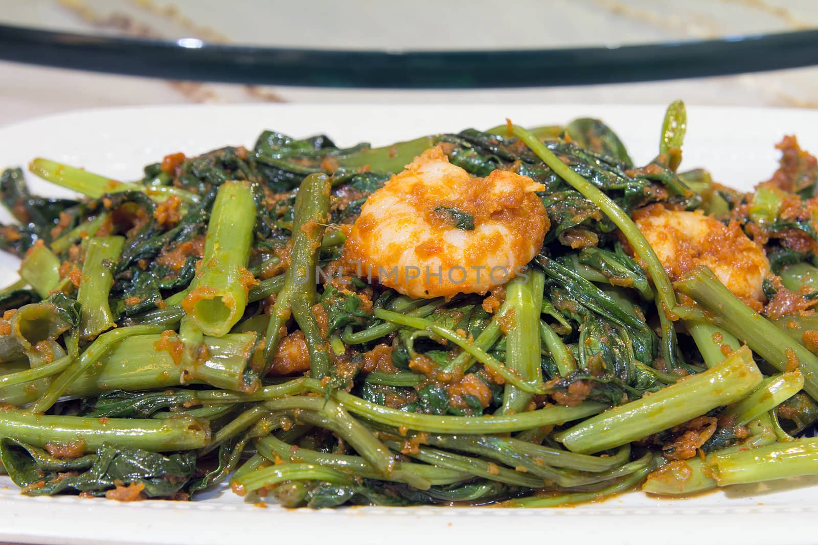Nonya Peranakan Kangkung Vegetable Blachan Sambal Paste Stir Fry with Prawns Dish Closeup