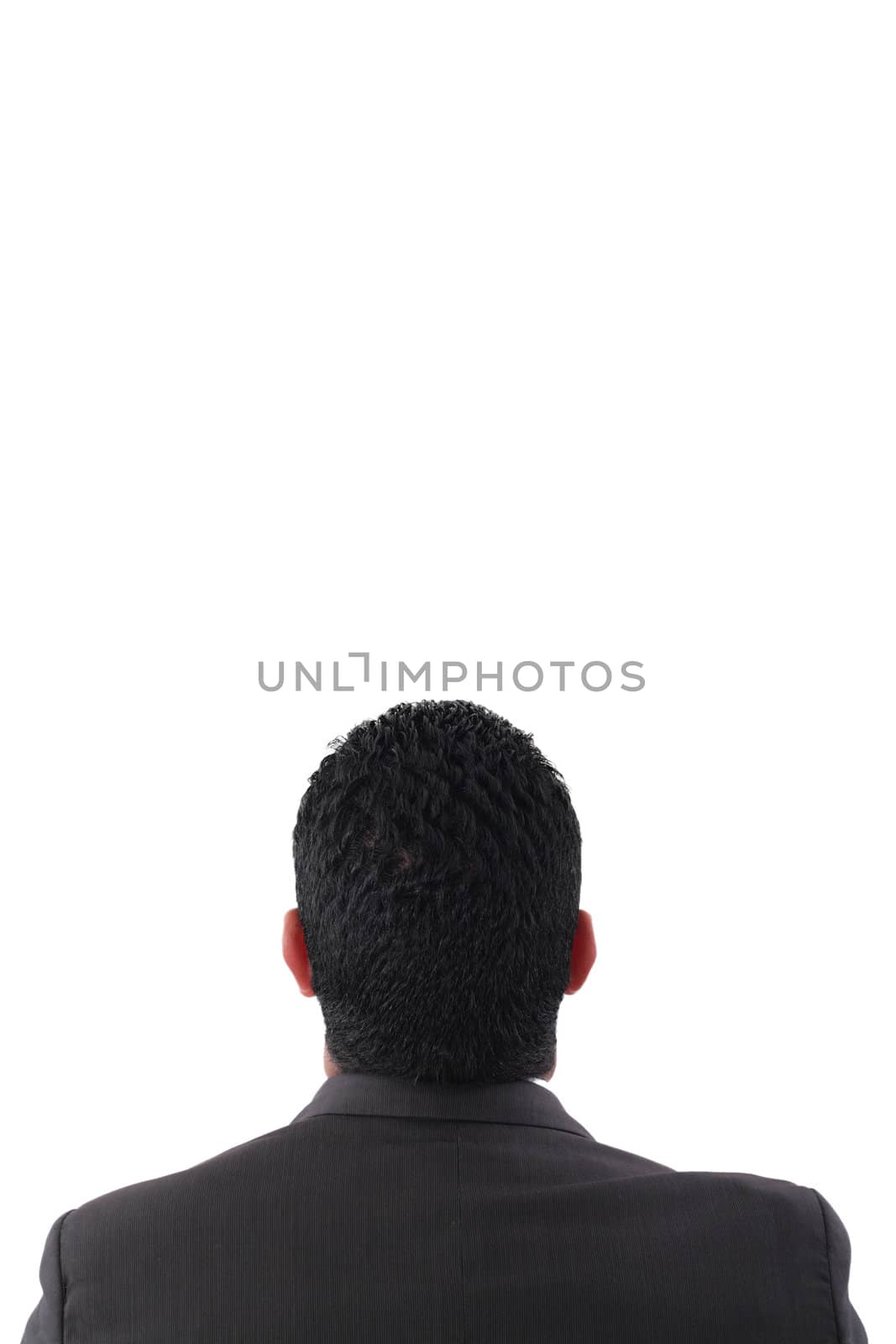 back of pensive businessman looking up isolated on white background