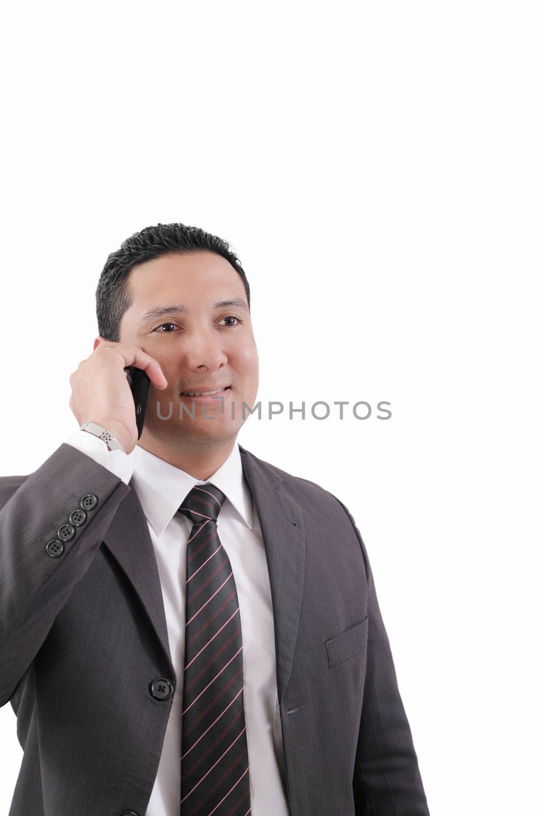 Young Business Man happy Speaking mobile phone, isolated on white background