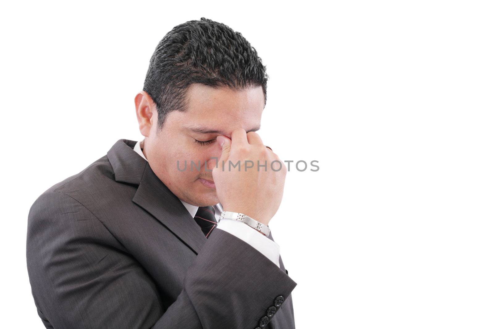 Business man with a head ache, isolated on white background
