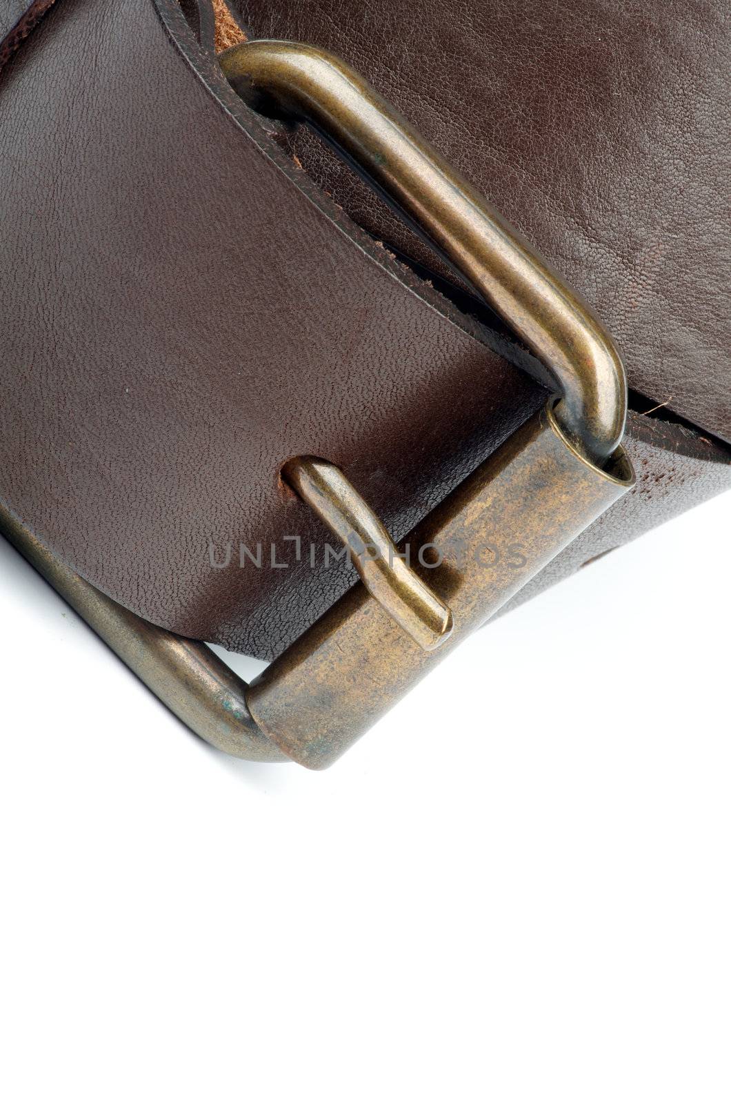 Bronze Buckle on Brown Male Belt as Frame closeup on white background