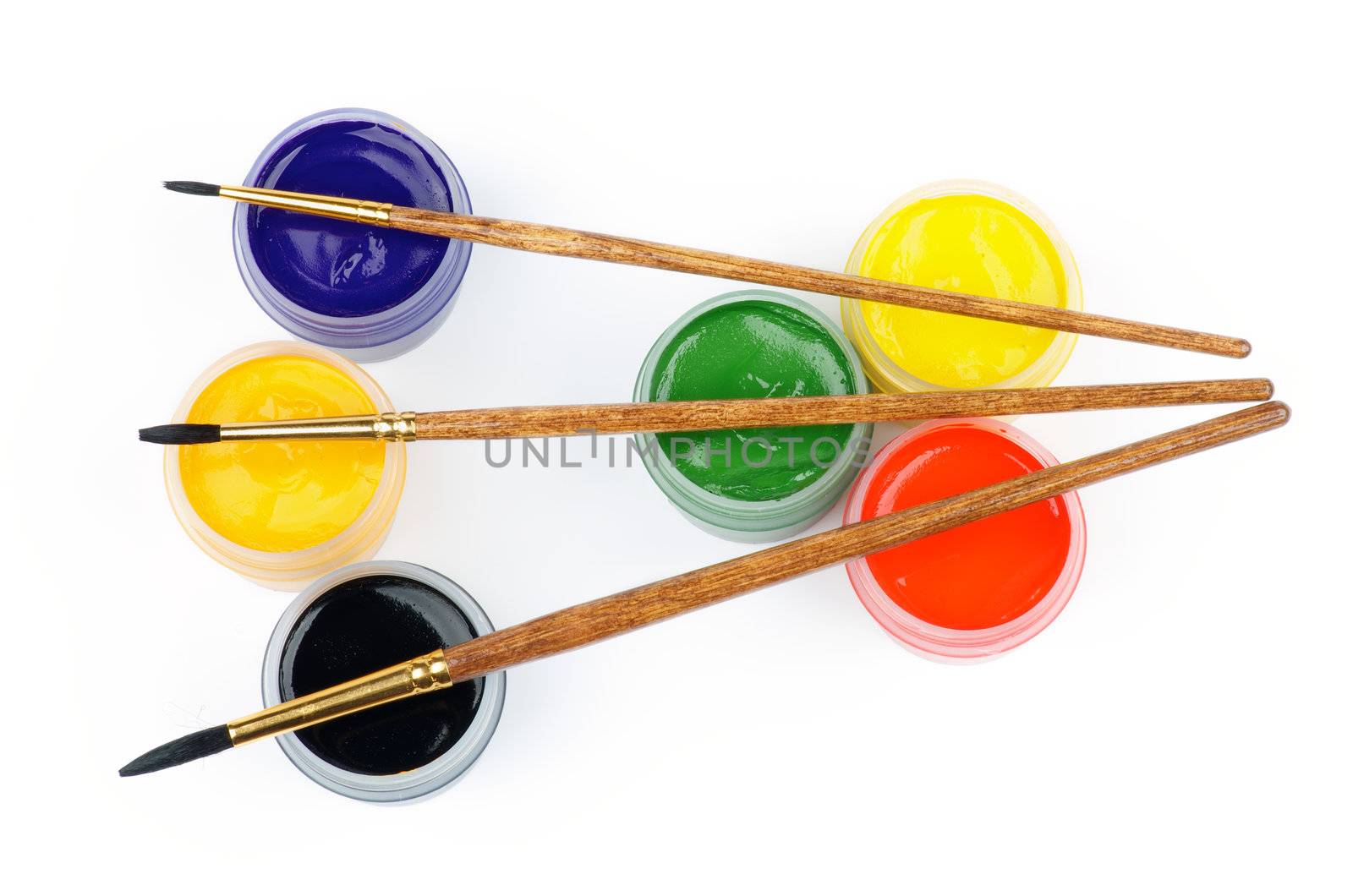 Arrangement of Containers with Black, Orange, Blue and Red, Green, Yellow Watercolors and Three Paintbrushes isolated on white background. Top View