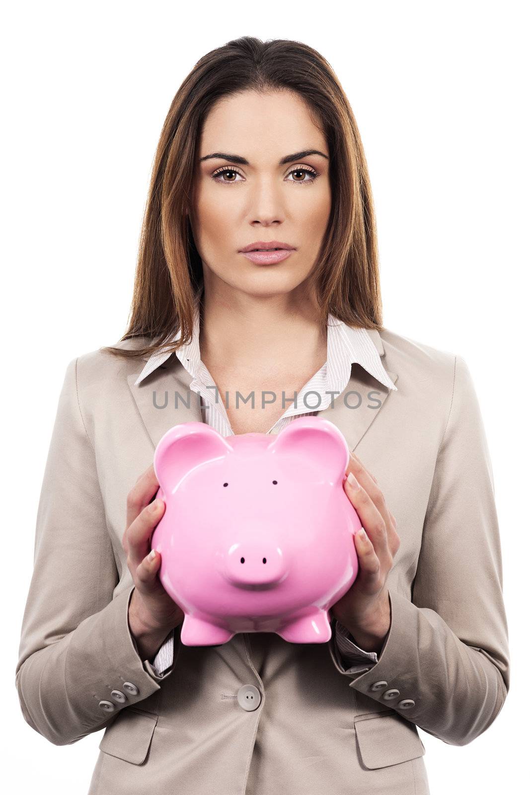 picture of beautiful woman with piggy bank on white background