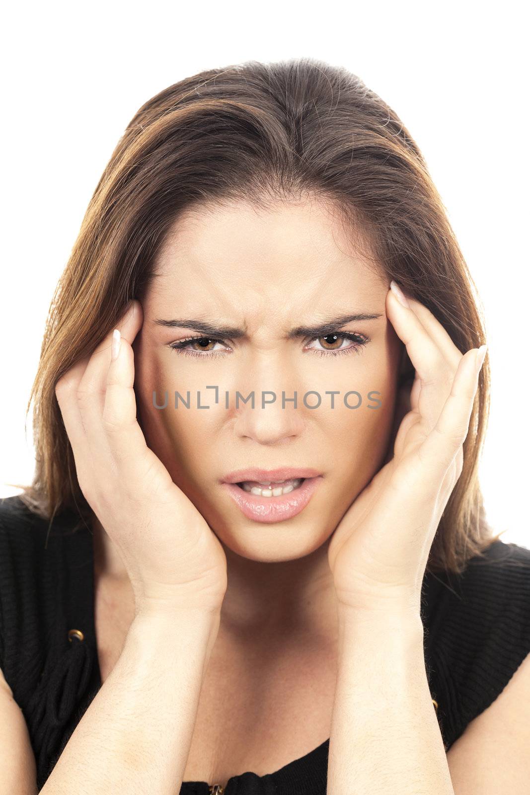 Portrait of beautiful woman with headache