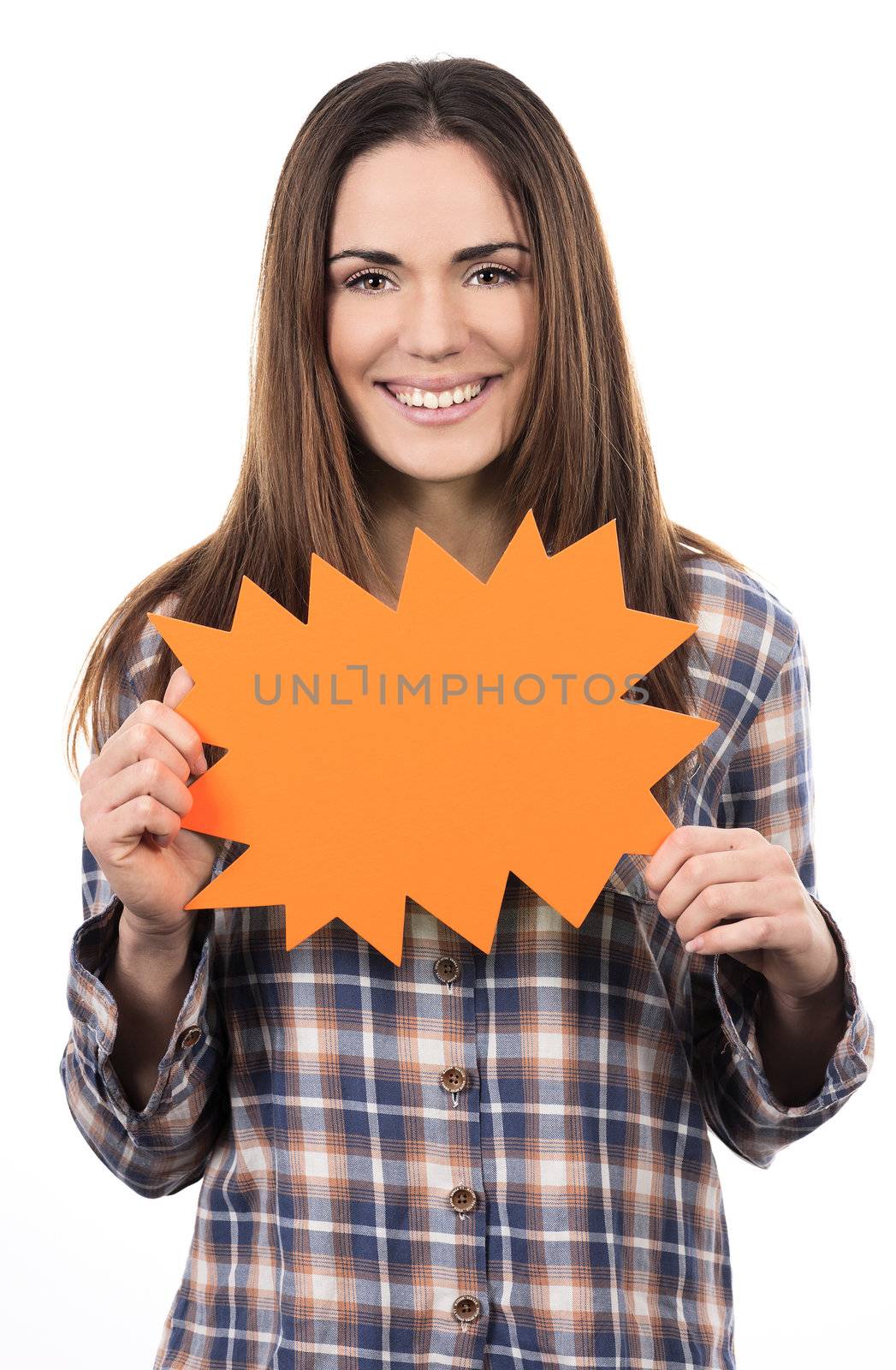 woman holding panel isolated on white background