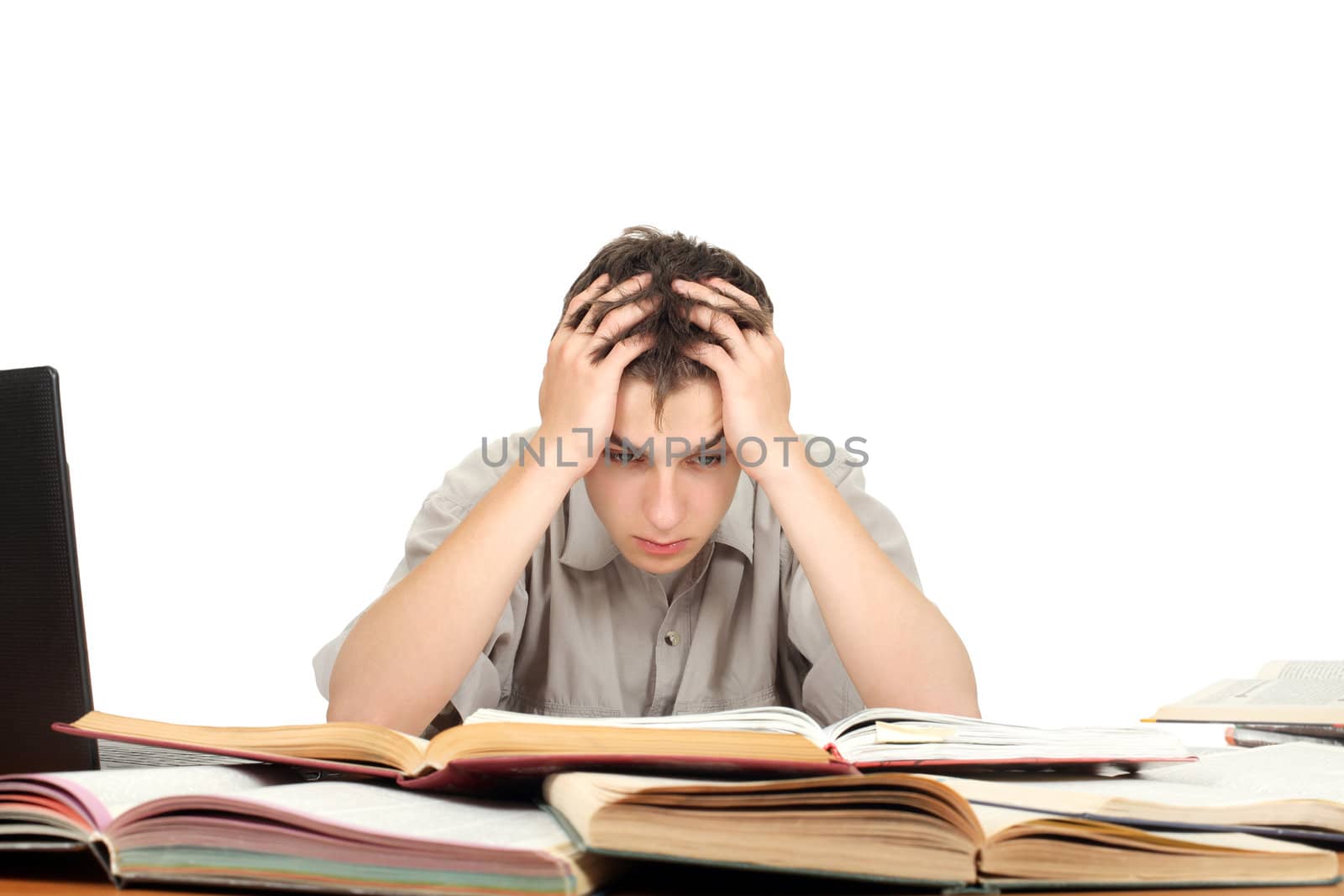 Troubled Student on the School Desk. Isolated on the White Background