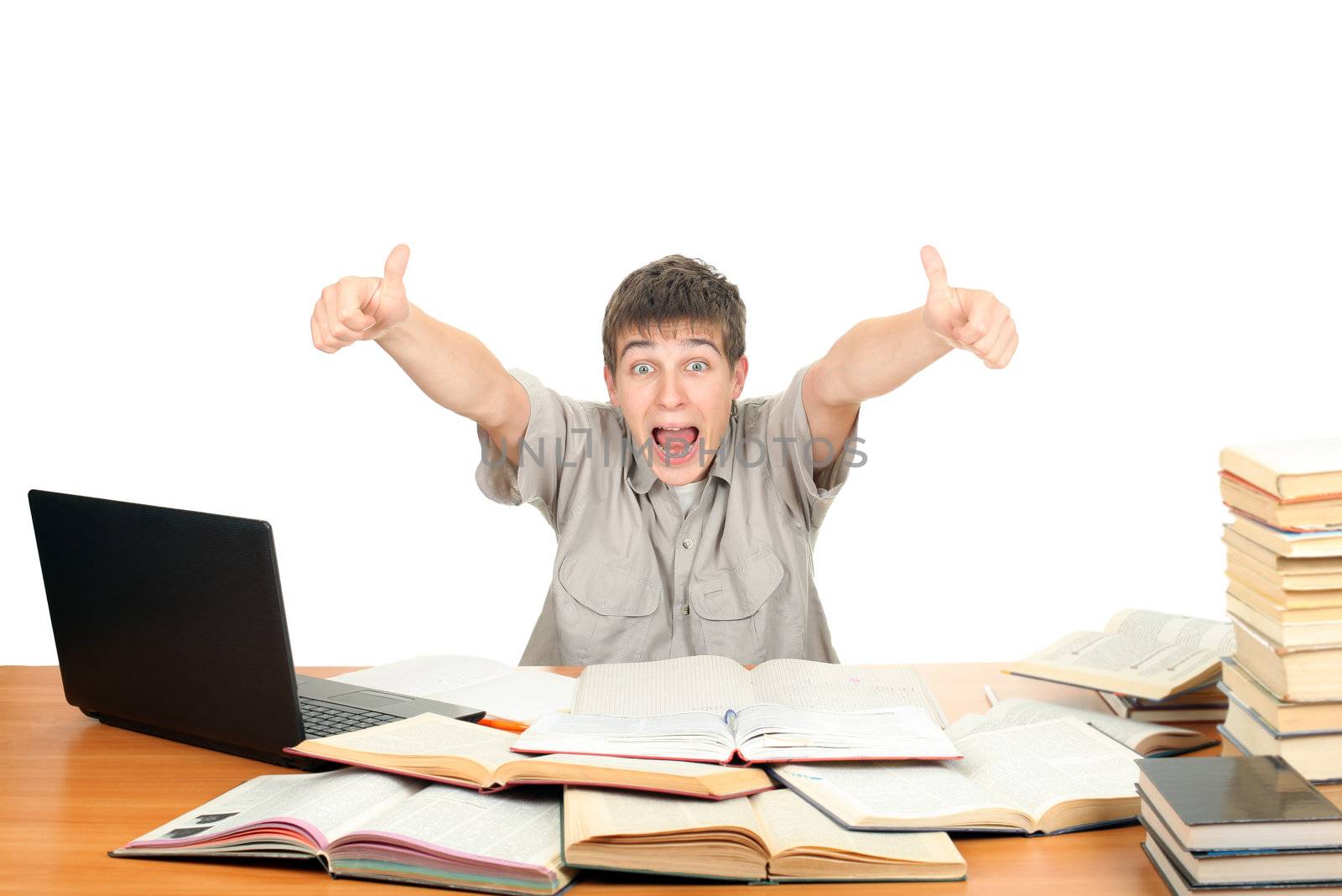 Happy Student on the School Desk shows OK gesture. Isolated on the White Background