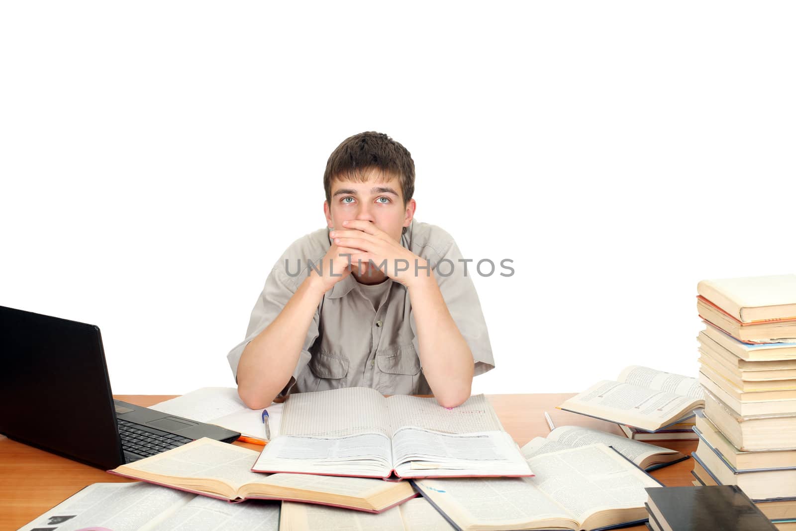 Pensive Student on the School Desk. Isolated on the White Background