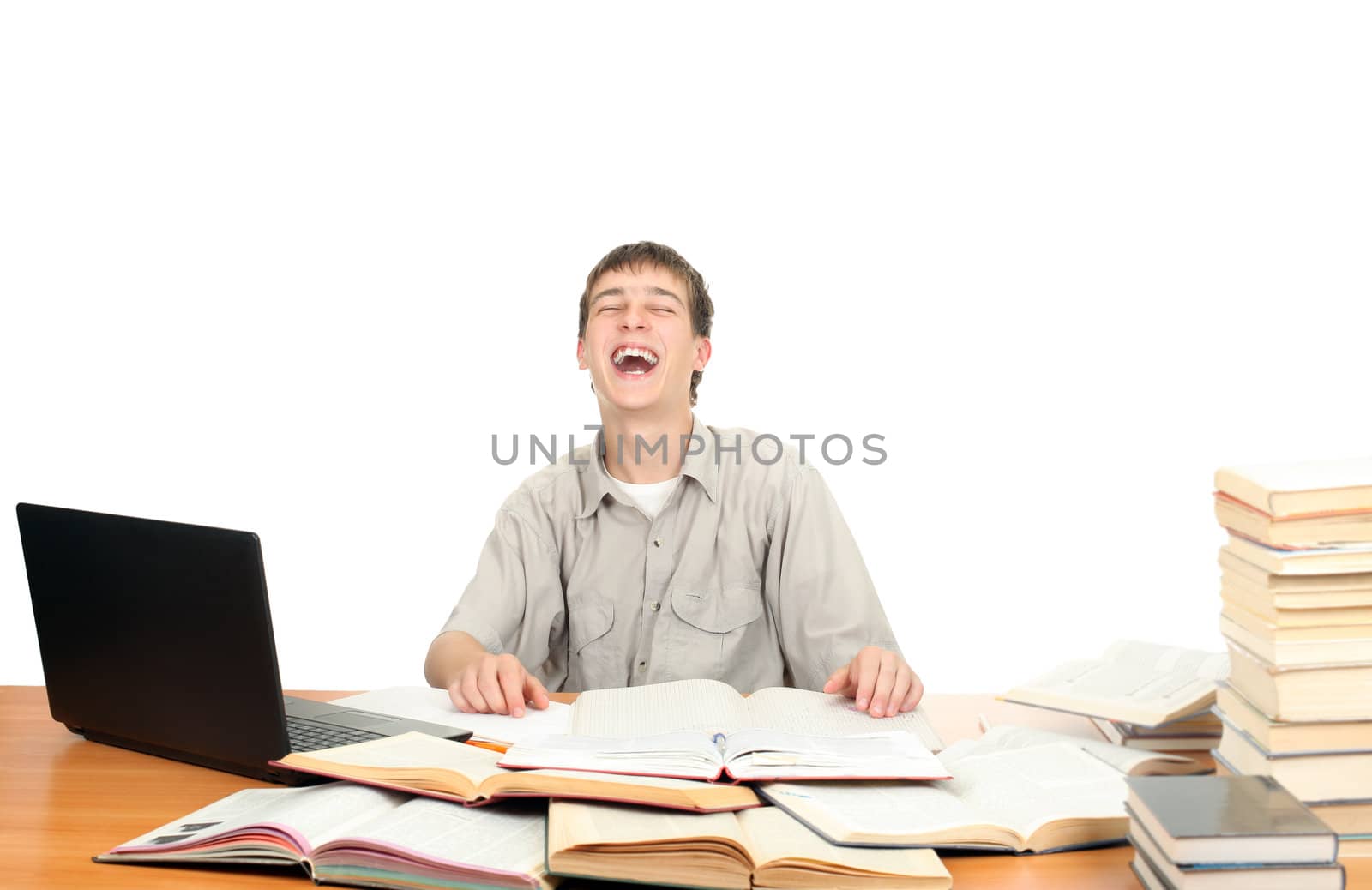 Happy Student Laughing on the School Desk. Isolated on the White Background