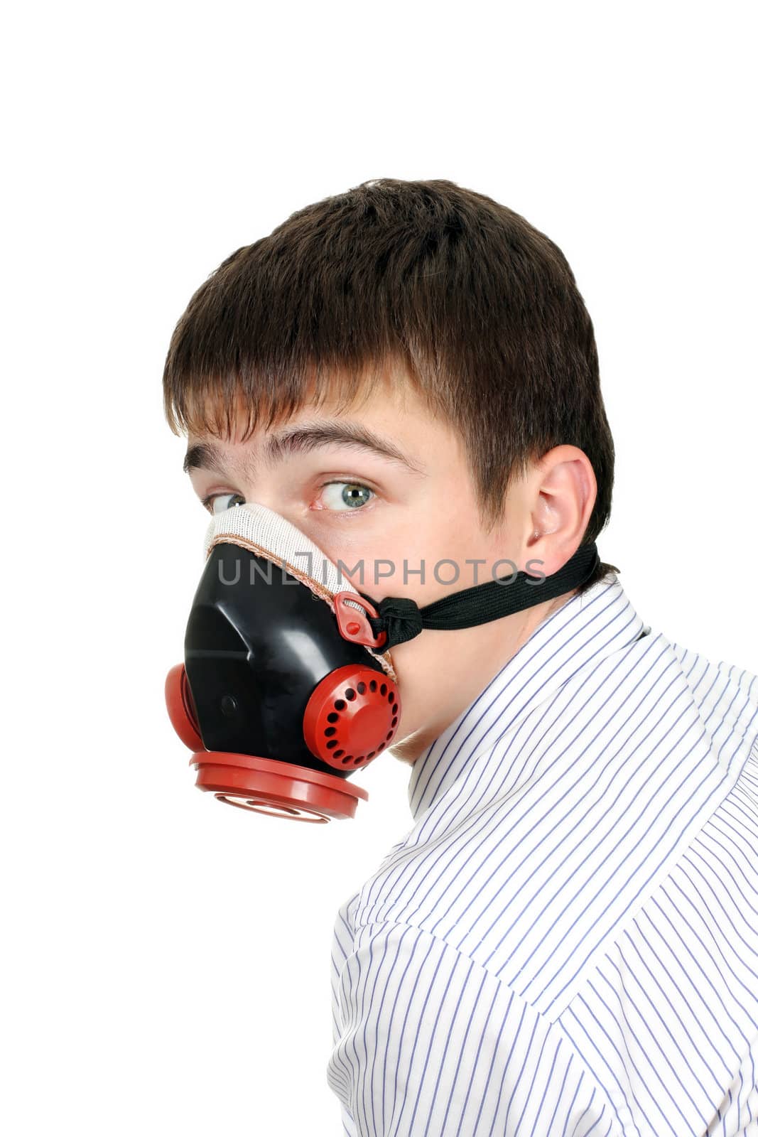 Young Man in protective mask on the white background