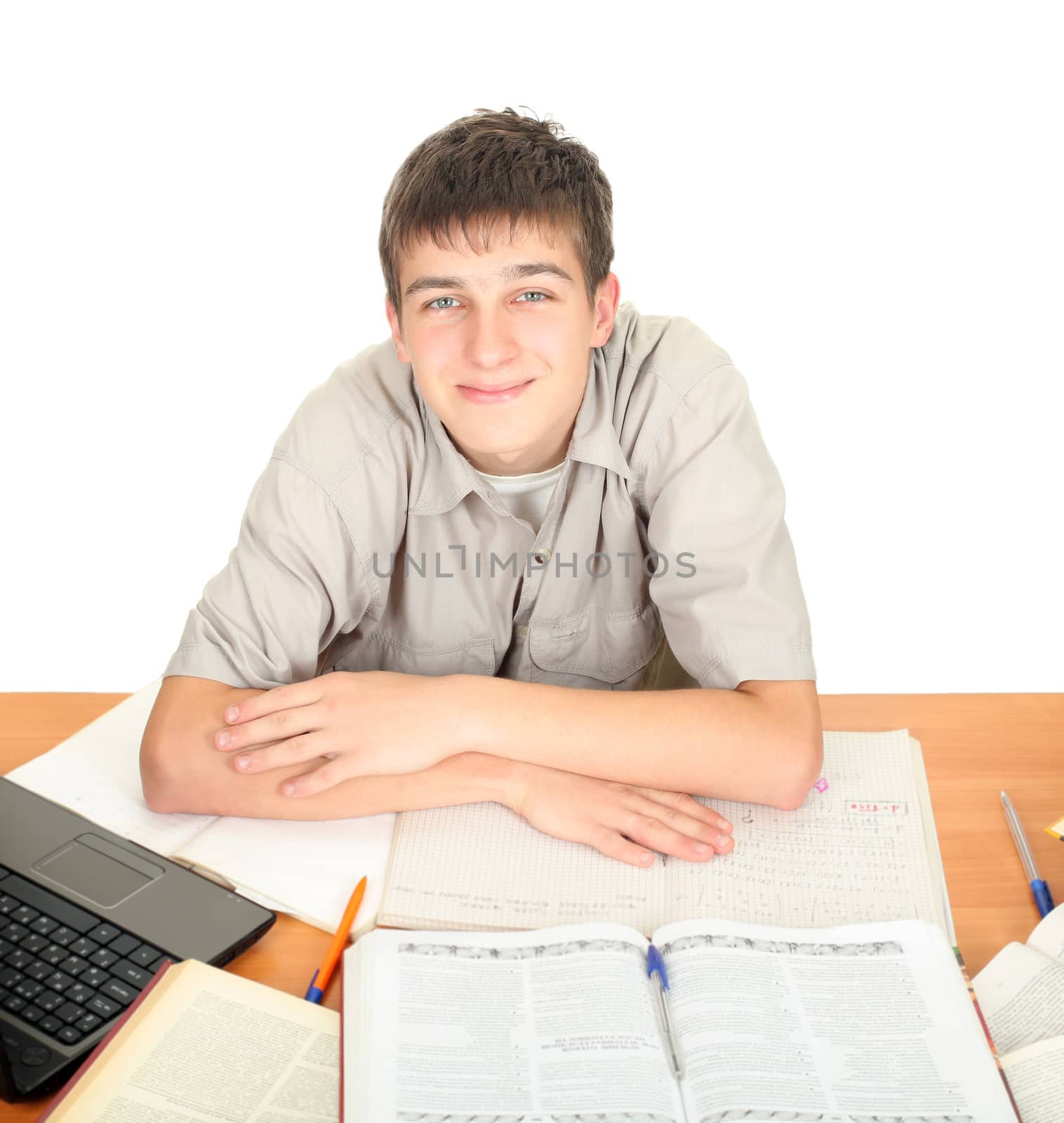 Student on the School Desk. Isolated on the White Background