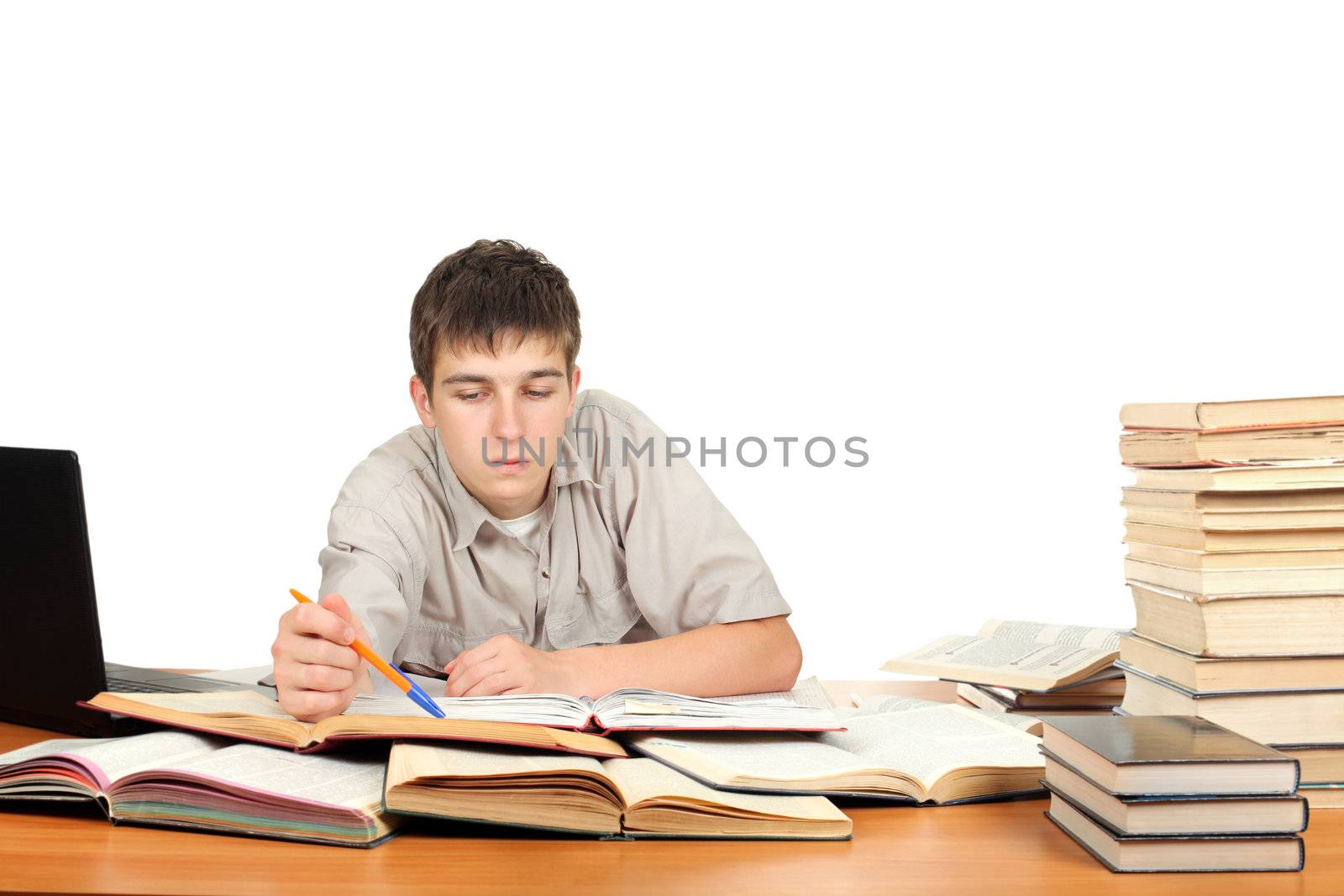 Student on the School Desk. Isolated on the White Background