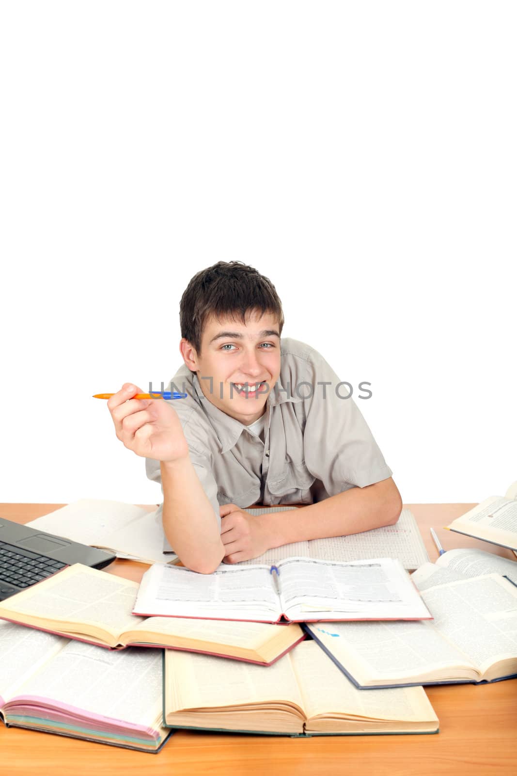 Happy Student on the School Desk. Isolated on the White Background