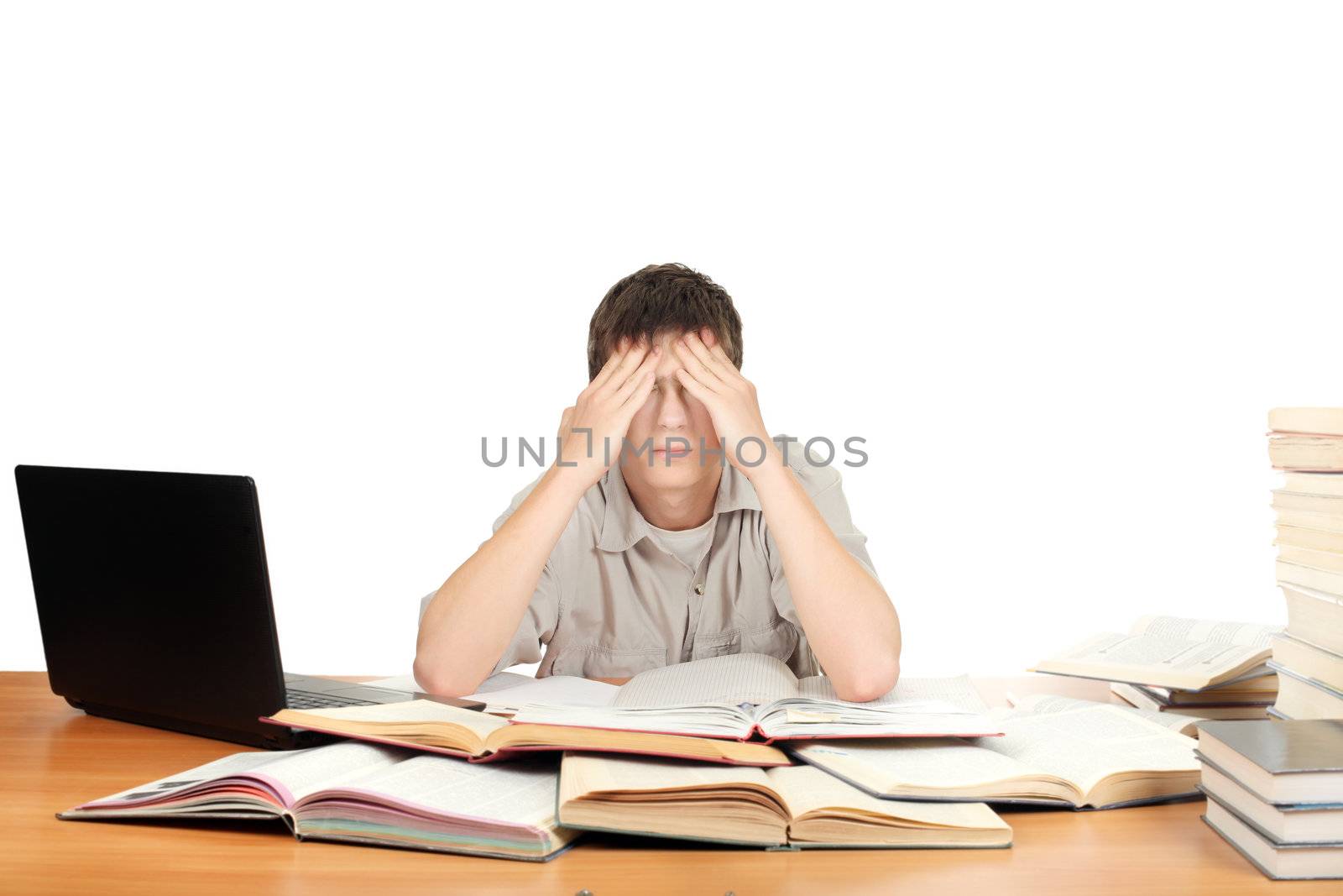 Bored and Tired Student after hard work. Isolated on the White Background