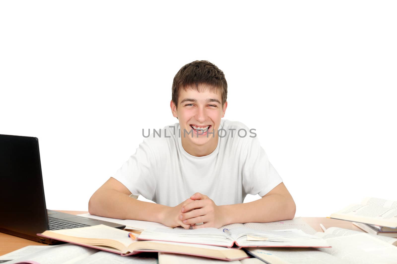 Happy Student on the School Desk. Isolated on the White Background
