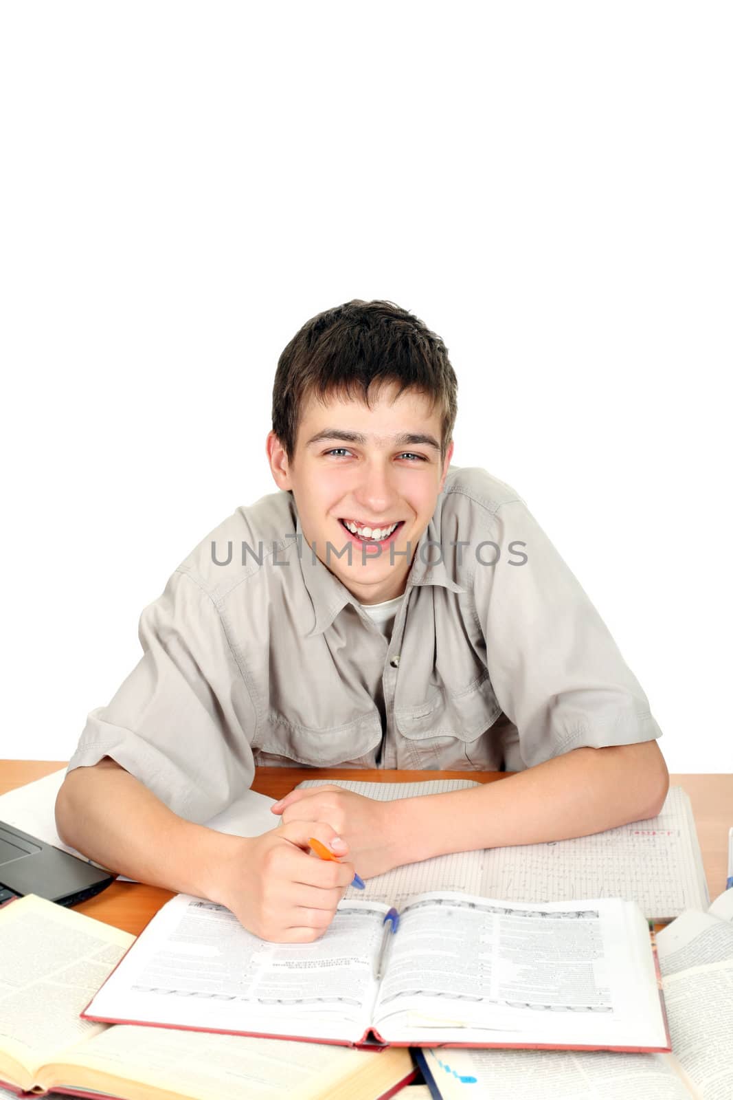 Happy Student on the School Desk. Isolated on the White Background