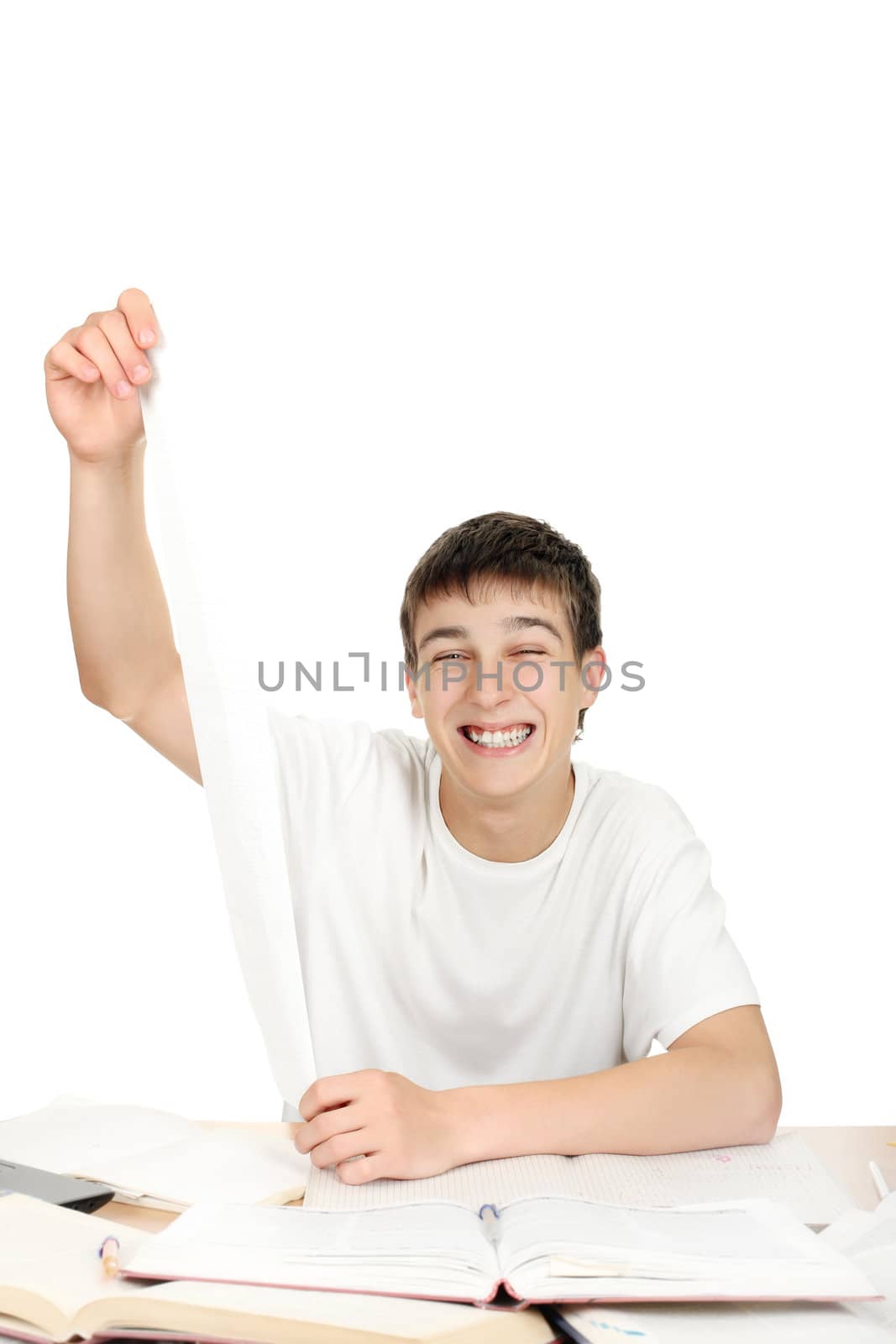 Student holds paper strip on the School Desk. Isolated on the White Background