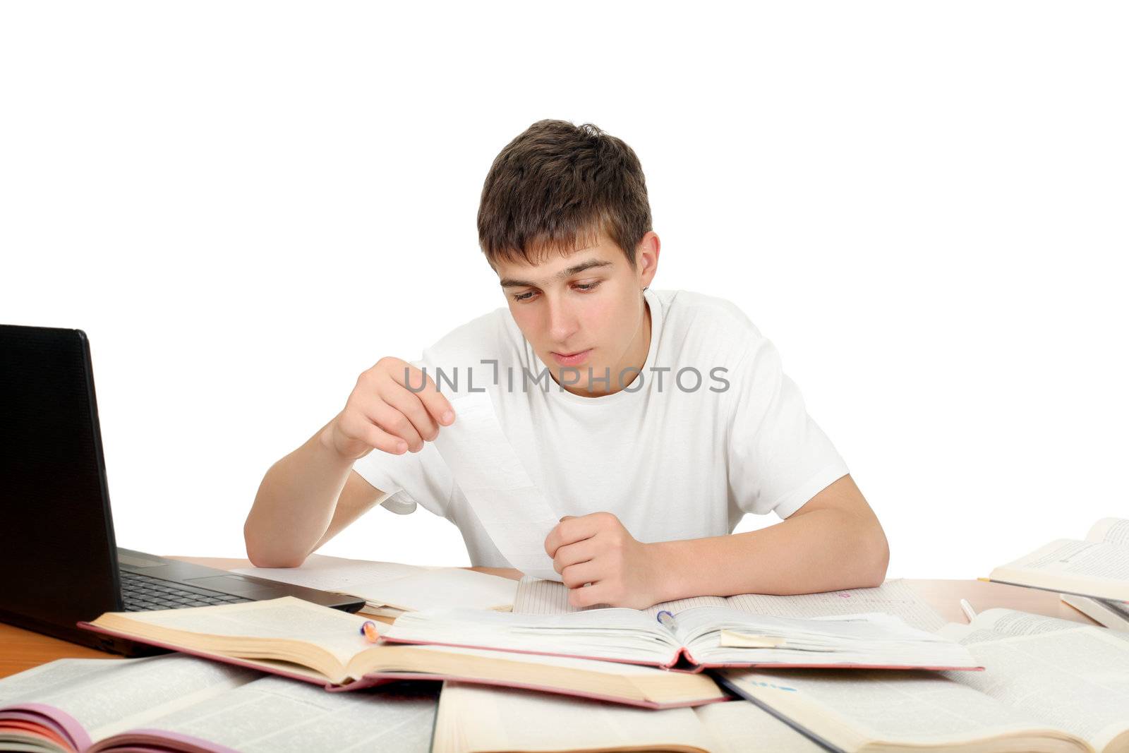 Teenage Student working on the School Desk. Isolated on the White Background