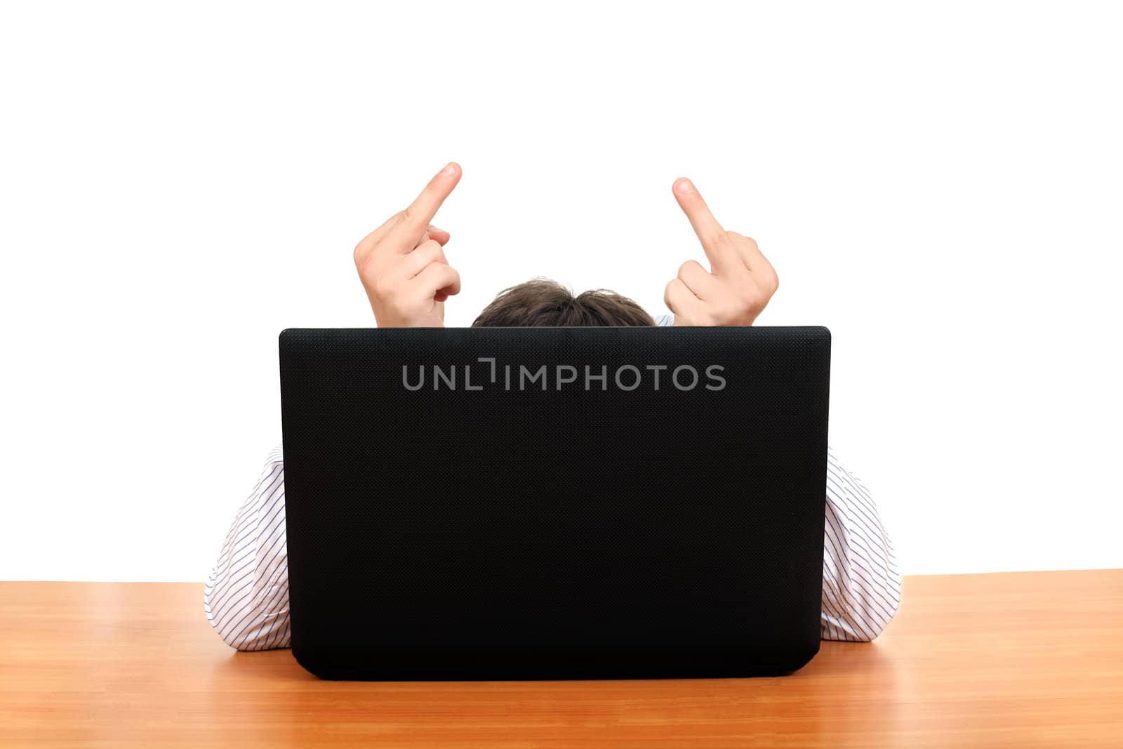Middle Finger Behind Laptop by sabphoto