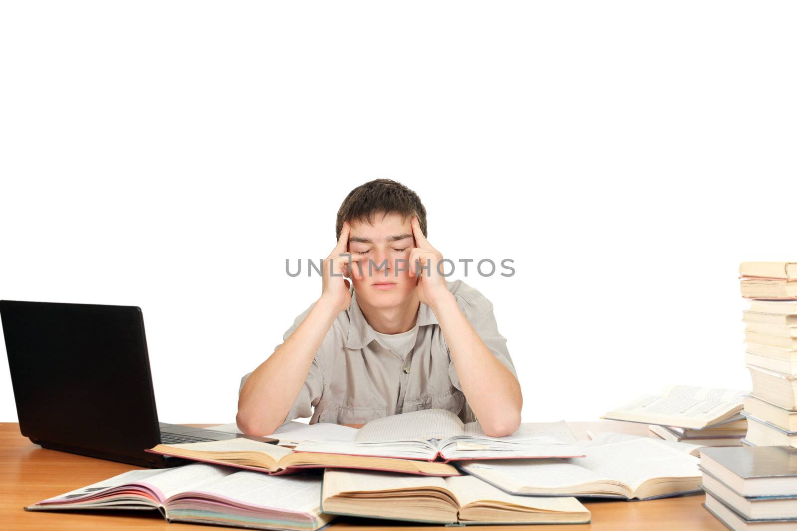 Bored and Tired Student after hard work. Isolated on the White Background