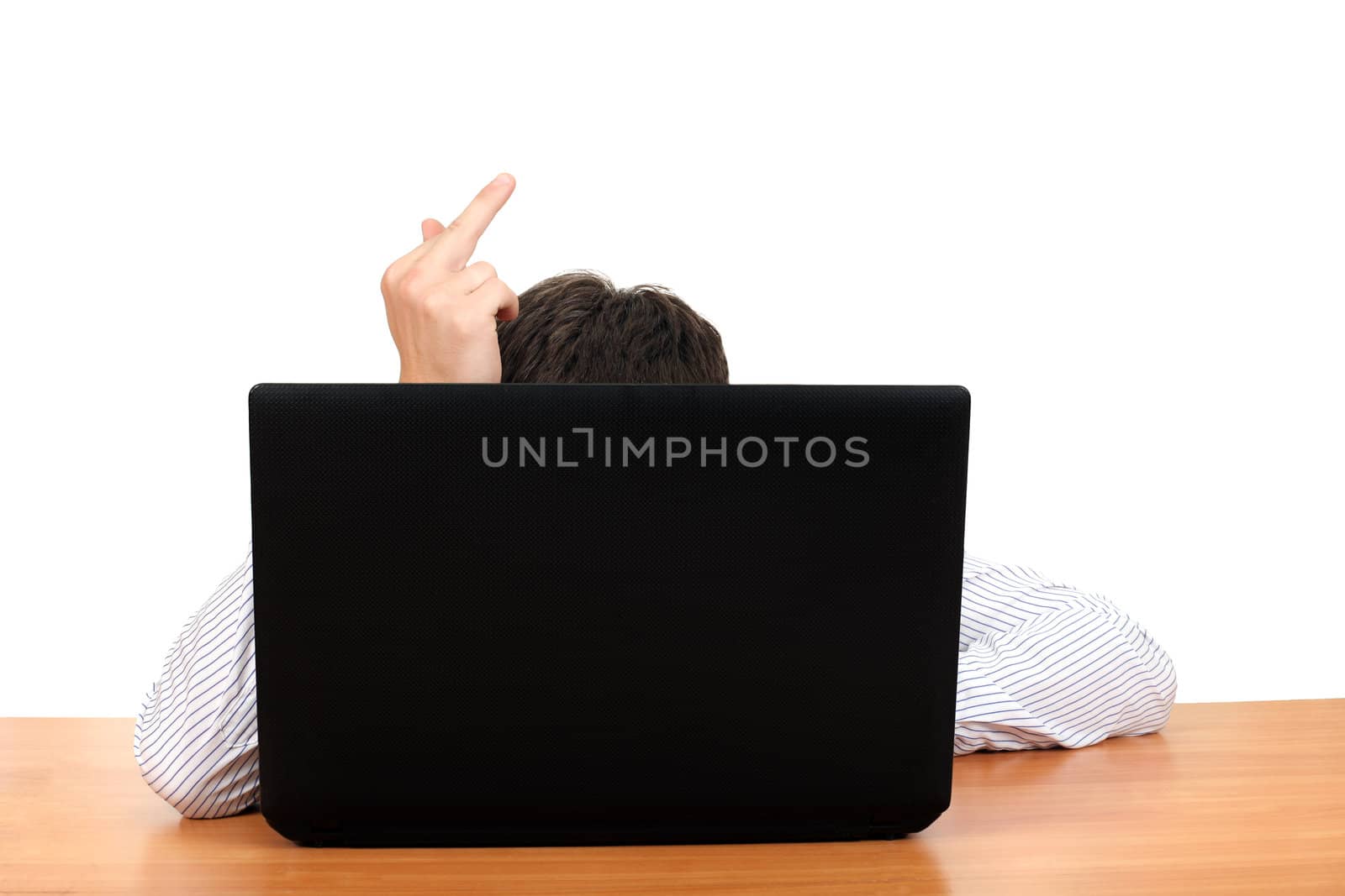 Person Shows Middle Finger Gesture behind Laptop. Isolated on the White Background