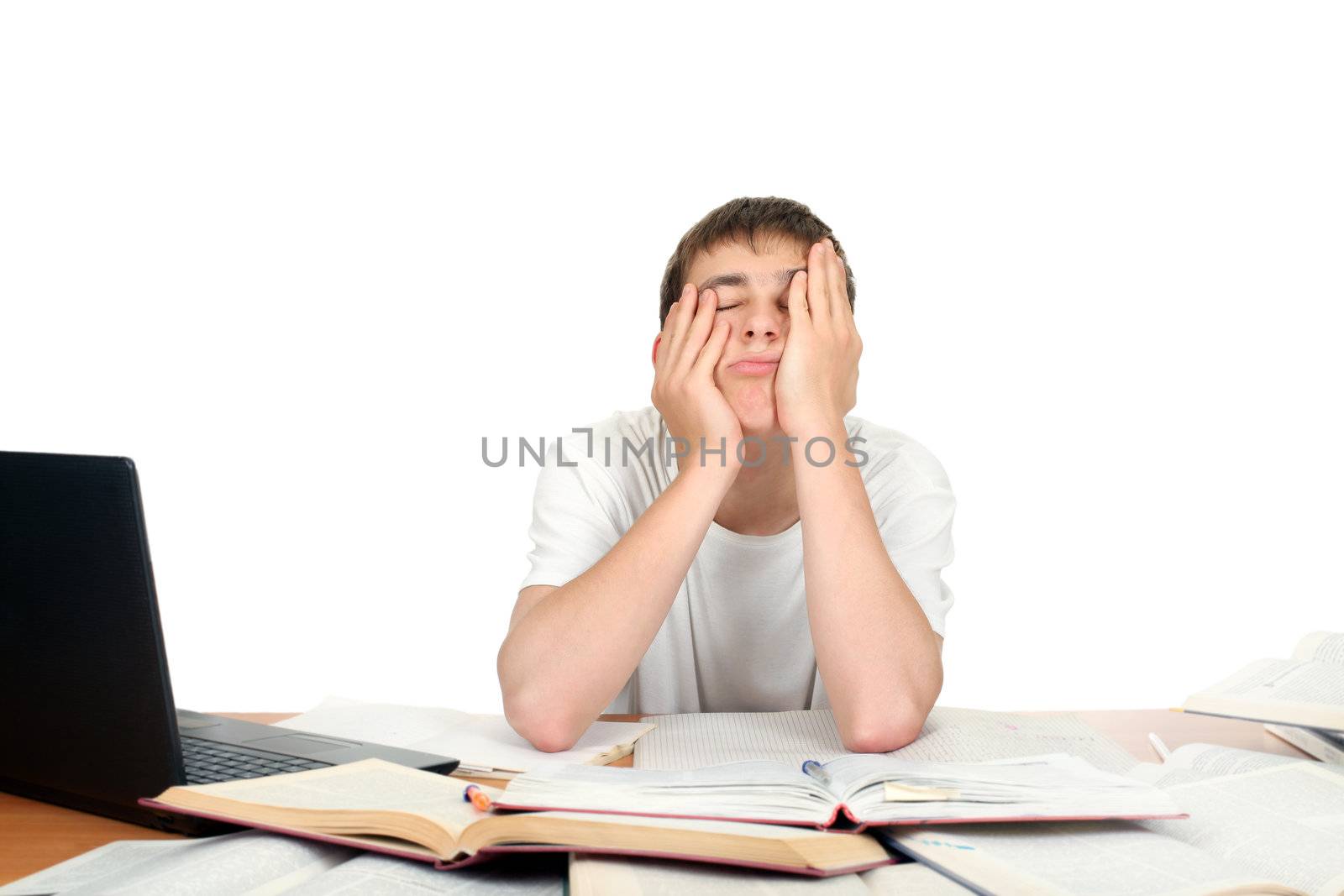 Bored and Tired Student after hard work. Isolated on the White Background