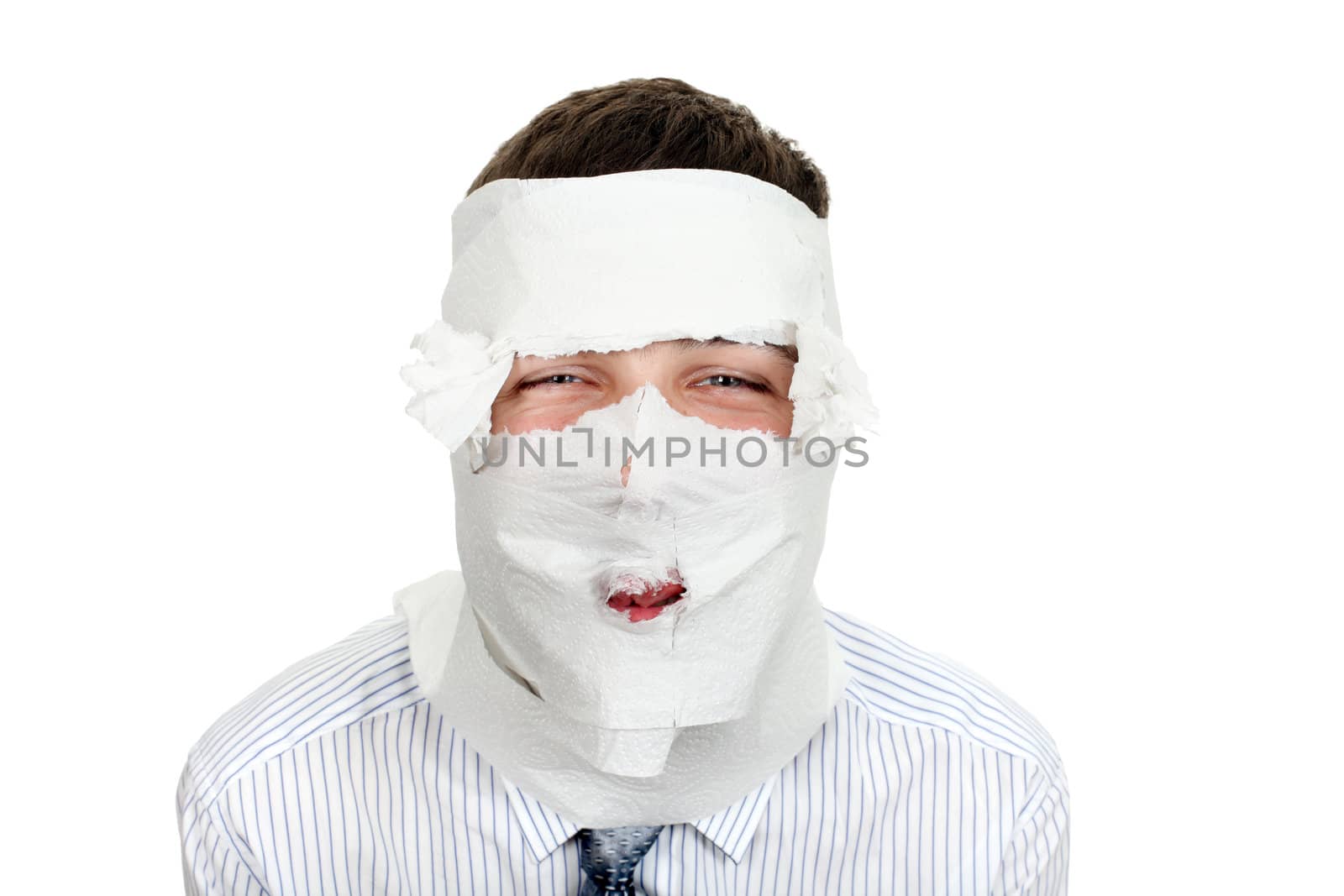 Man in shirt and necktie wrapped his face in a paper. Isolated on the White Background