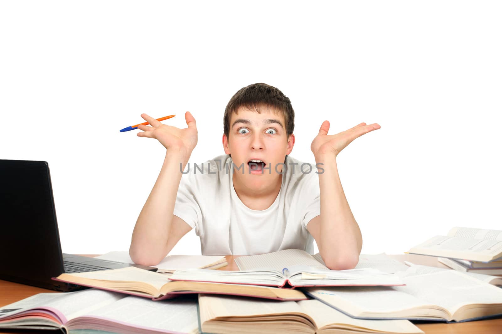 Surprised Student on the School Desk. Isolated On the White Background
