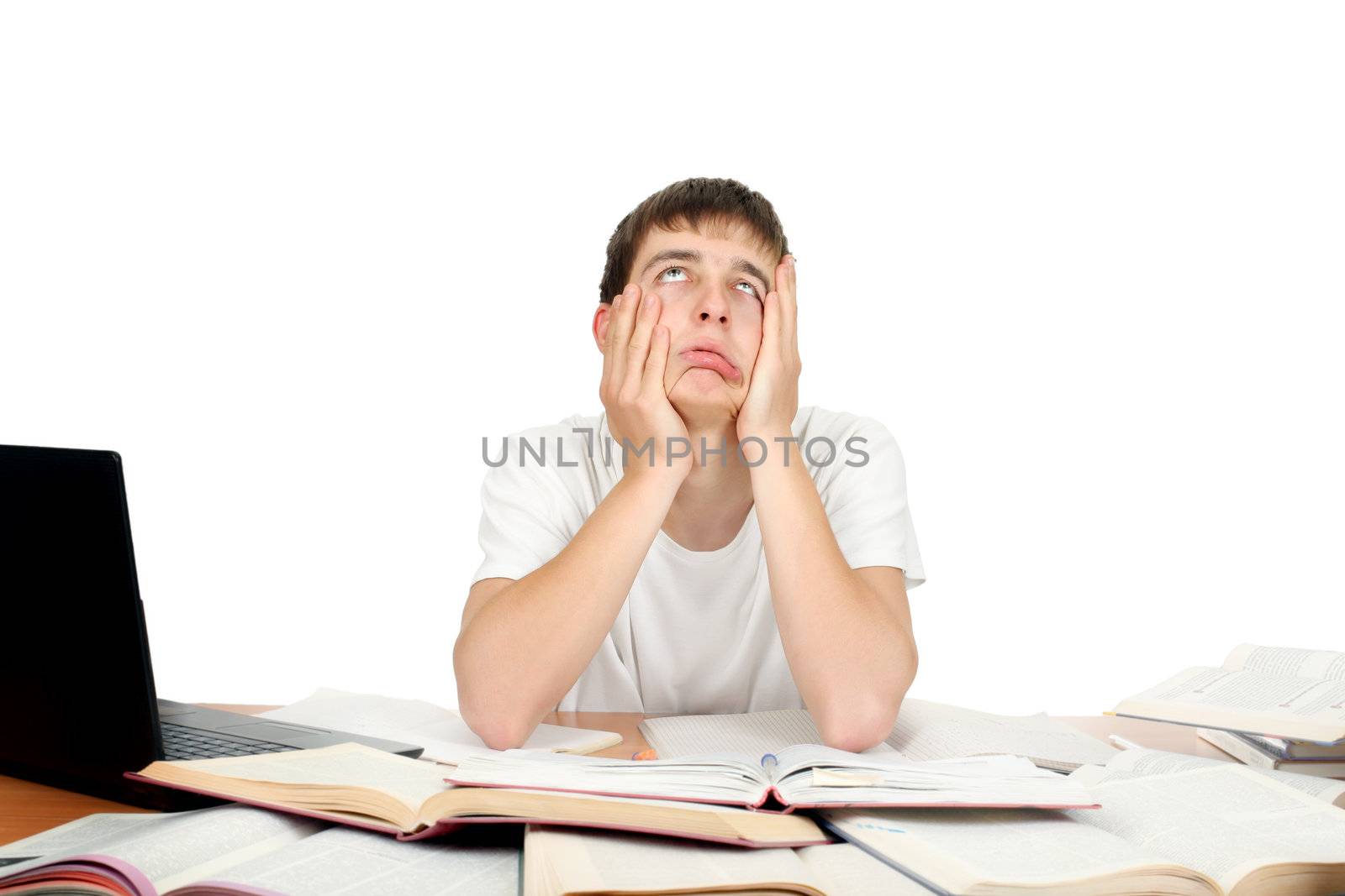 Bored and Tired Student make funny grimace. Isolated on the White Background