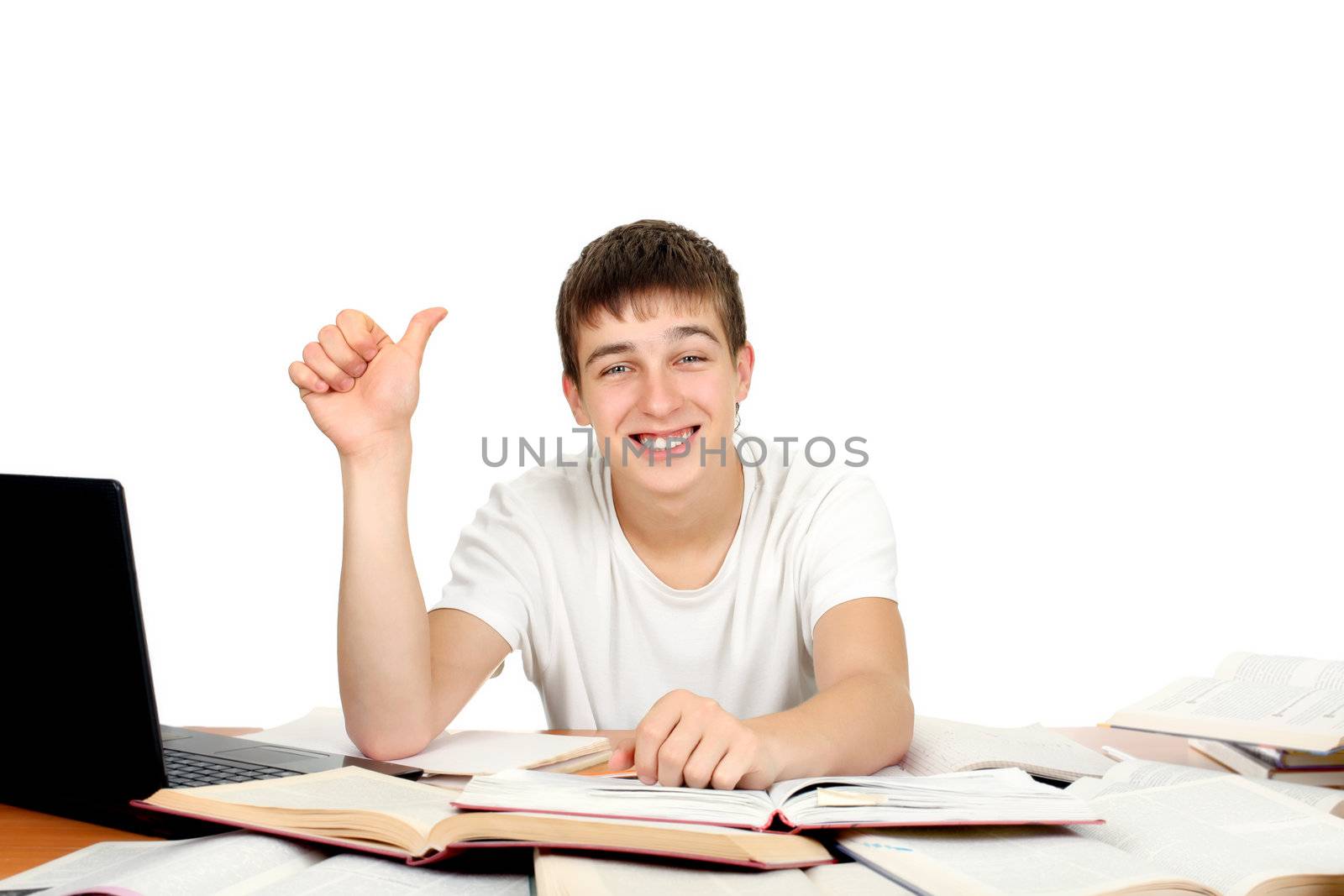 Happy Student on the School Desk shows OK gesture. Isolated on the White Background