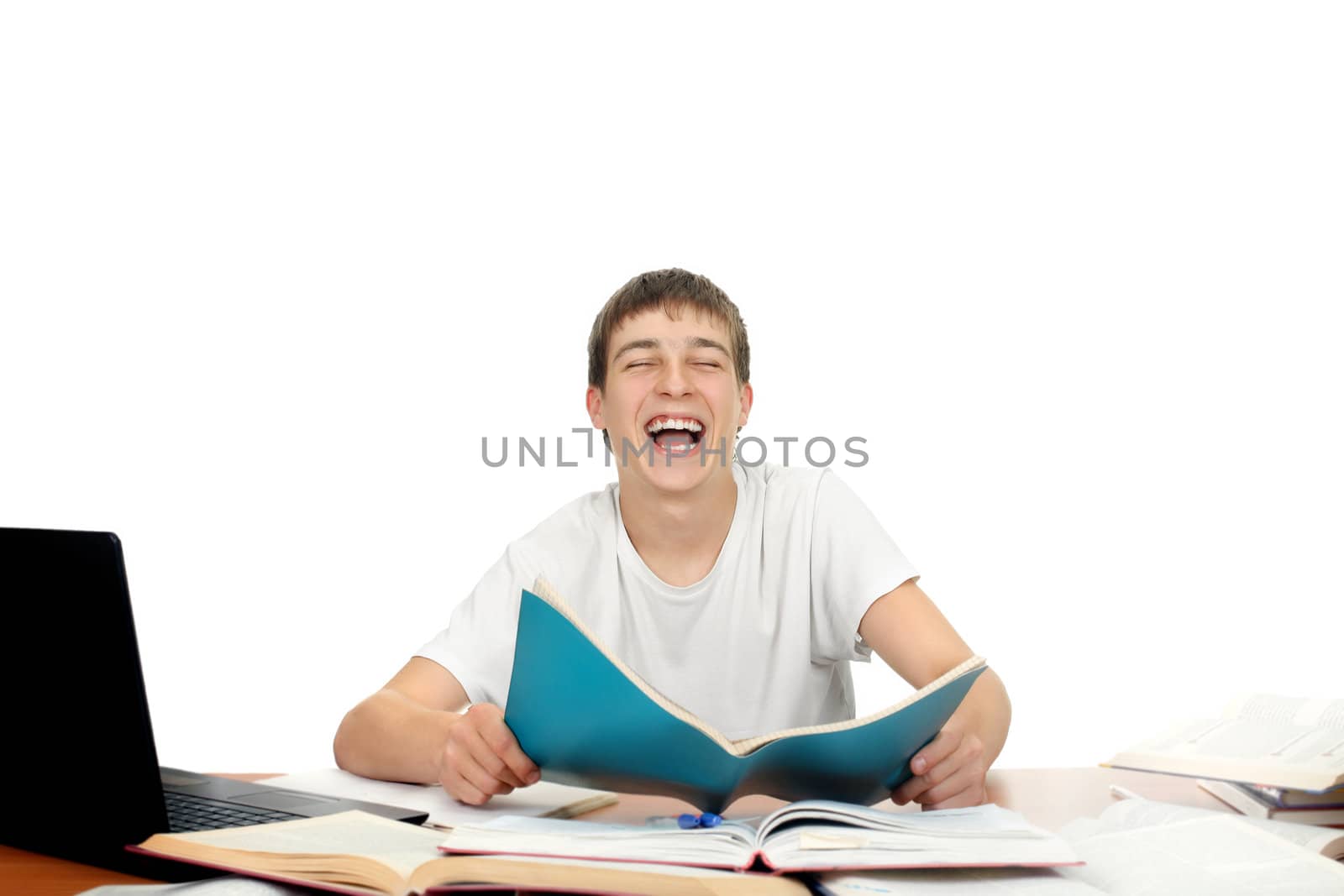 Happy Student reads workbook and Laughing. Isolated on the White Background
