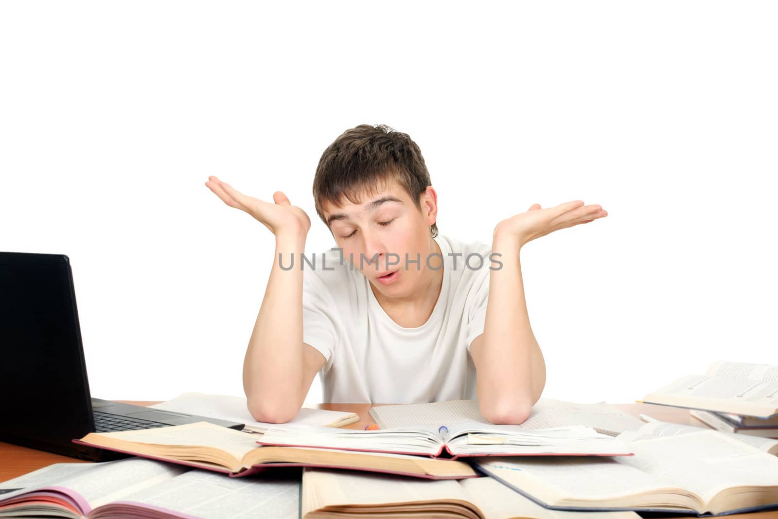 Confused on the School Desk gesturing. Isolated on the White Background